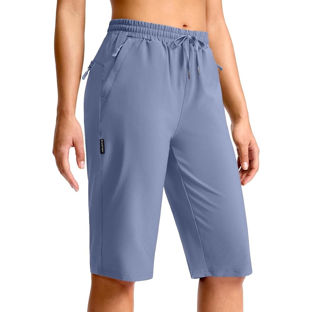 image:imageSANTINY Womens 13 Long Hiking Shorts with 3 Zipper Pockets Quick Dry Lightweight Bermuda Knee Length Shorts for WomenSlate Blue