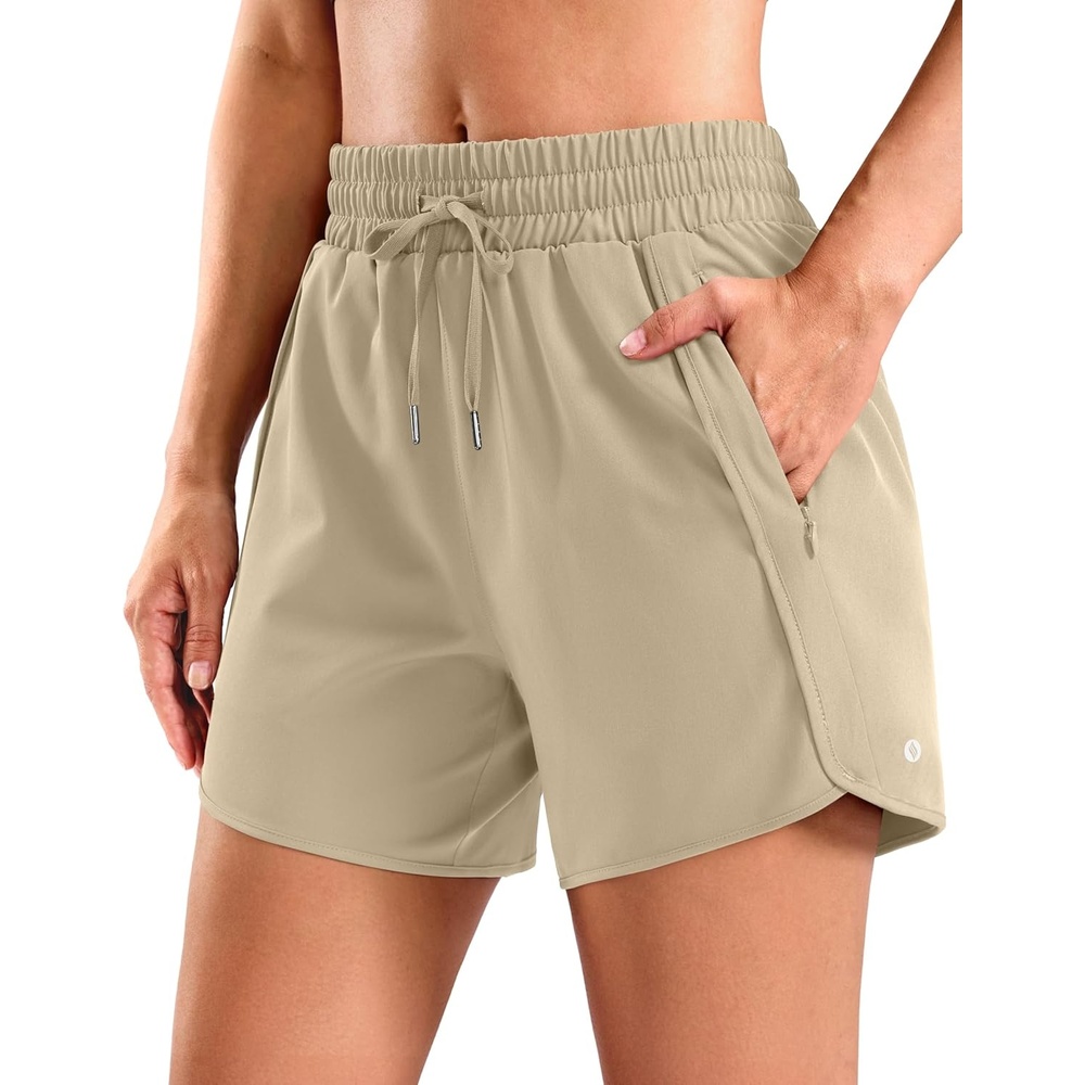 image:imageSANTINY Womens 5 Running Shorts with 2 Zipper Pockets Lightweight Quick Dry Gym Workout Athletic Shorts for WomenKhaki