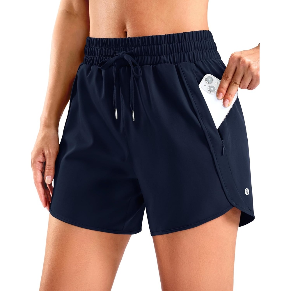 image:imageSANTINY Womens 5 Running Shorts with 2 Zipper Pockets Lightweight Quick Dry Gym Workout Athletic Shorts for WomenNavy