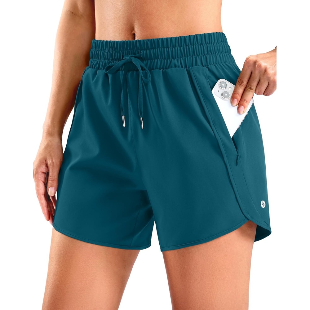 image:imageSANTINY Womens 5 Running Shorts with 2 Zipper Pockets Lightweight Quick Dry Gym Workout Athletic Shorts for WomenPeacock Green