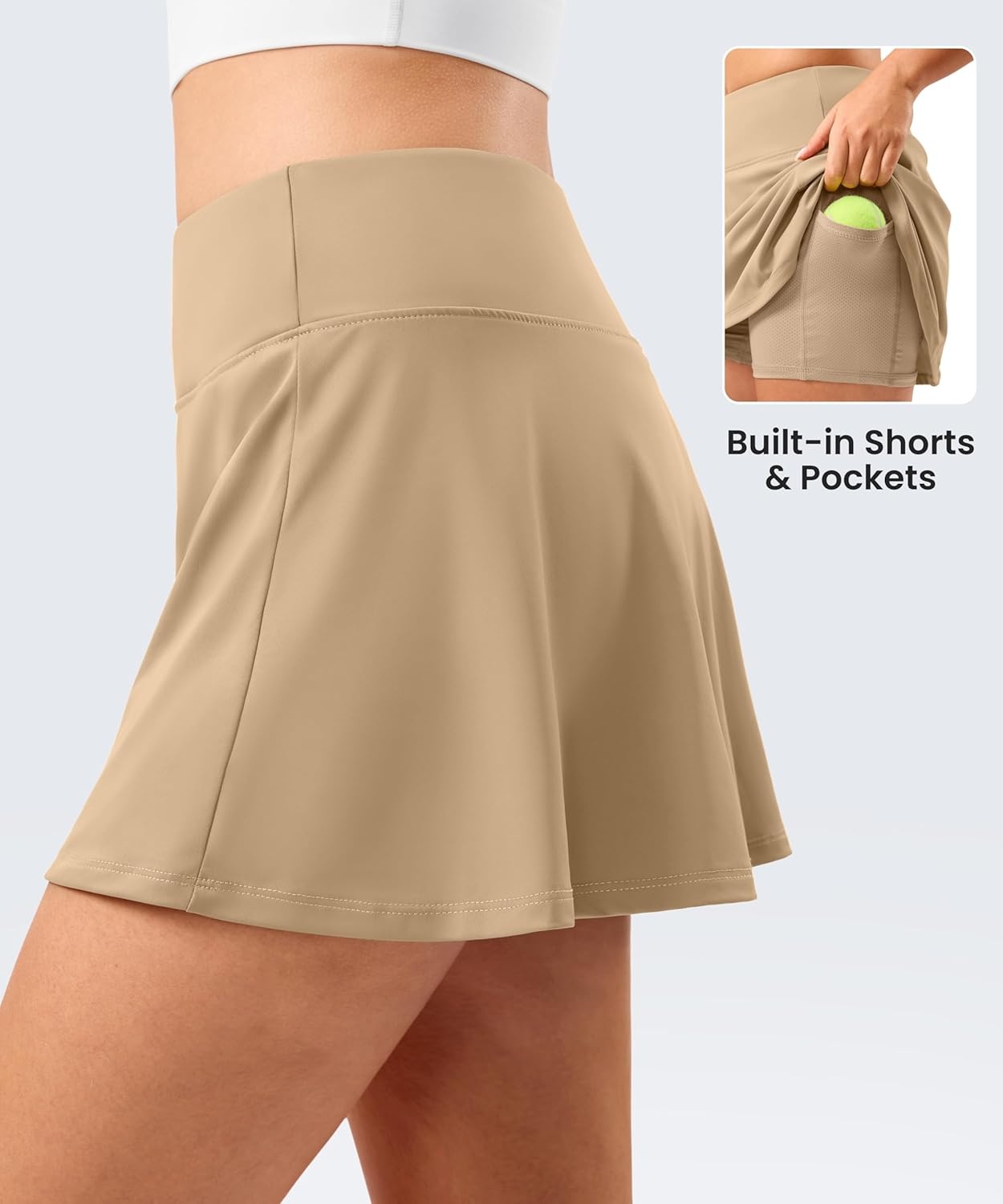 image:imageSANTINY 135 Skorts for Women Pleated Tennis Golf Skirts Mini High Waisted Stretch Athletic Skorts Pockets for PickballKhaki