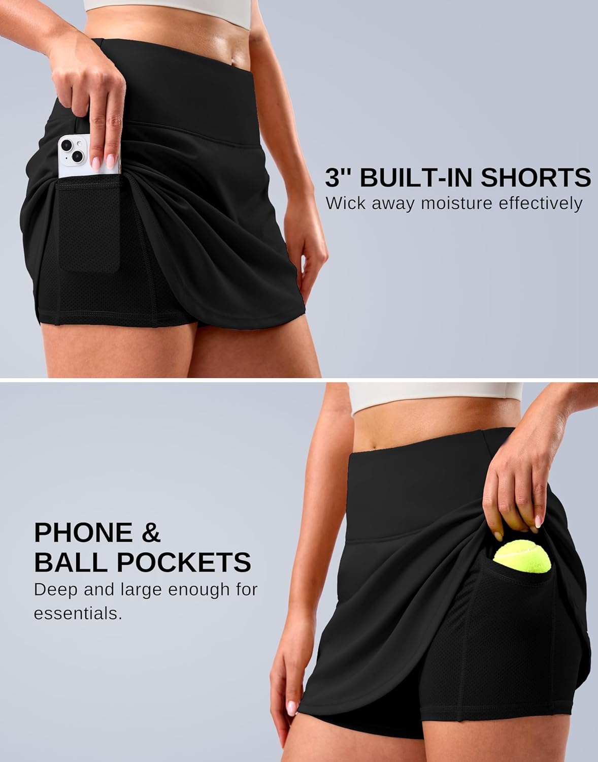 image:imageSANTINY 14 Skorts for Women Tennis Golf Skirt A Line Curved Hem High Waisted Athletic Mini Skirt with 2 Inner PocketsBlack