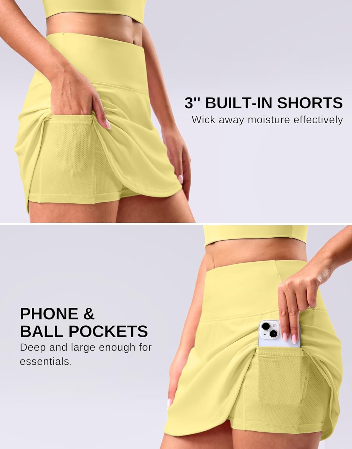 image:imageSANTINY 14 Skorts for Women Tennis Golf Skirt A Line Curved Hem High Waisted Athletic Mini Skirt with 2 Inner PocketsBrilliant Yellow