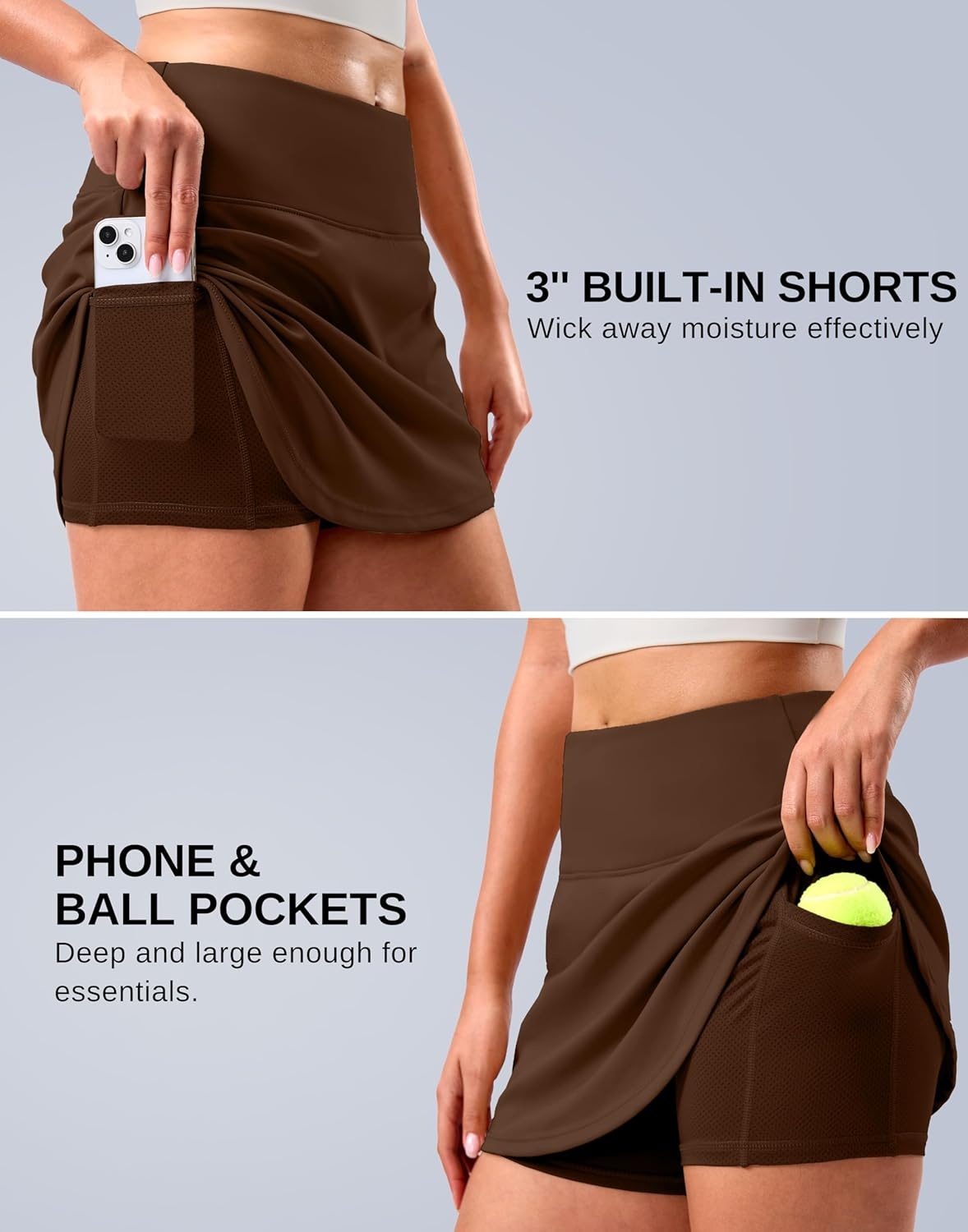 image:imageSANTINY 14 Skorts for Women Tennis Golf Skirt A Line Curved Hem High Waisted Athletic Mini Skirt with 2 Inner PocketsCoffee Brown