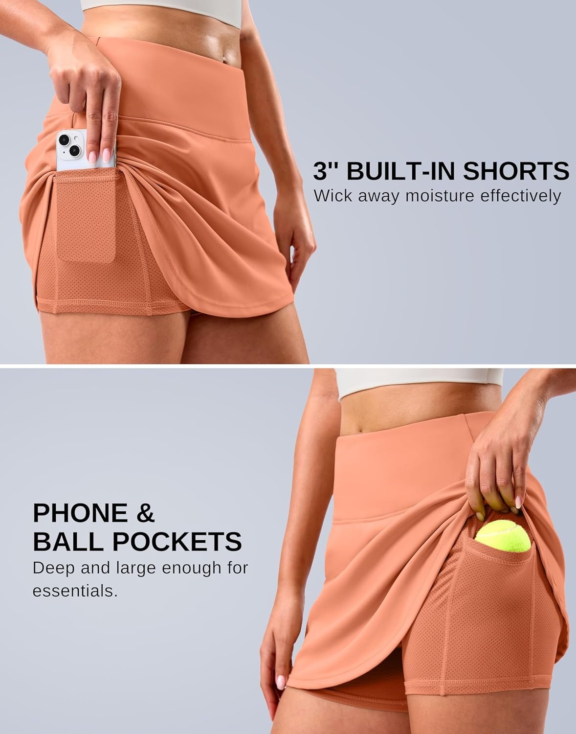 image:imageSANTINY 14 Skorts for Women Tennis Golf Skirt A Line Curved Hem High Waisted Athletic Mini Skirt with 2 Inner PocketsCoral
