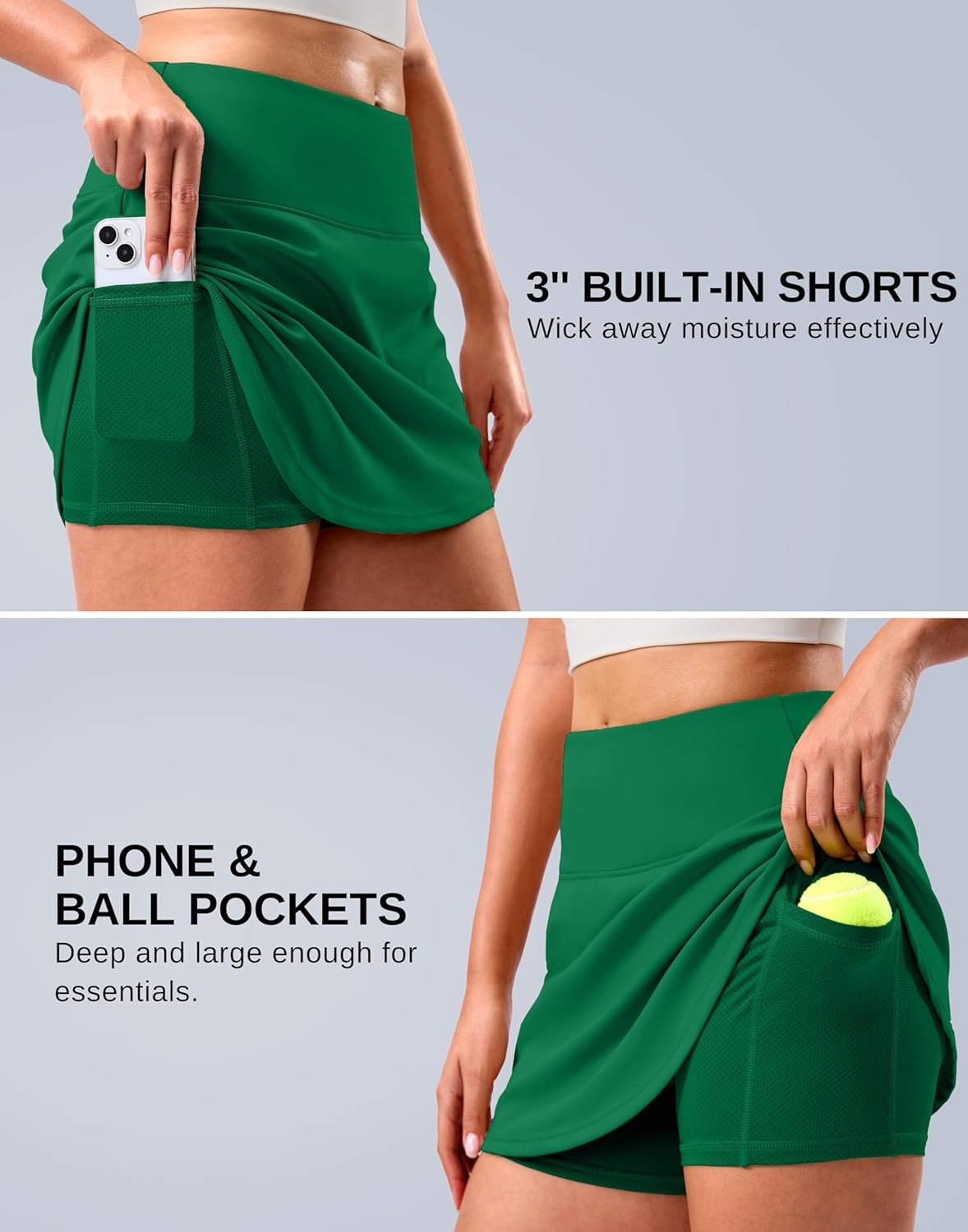 image:imageSANTINY 14 Skorts for Women Tennis Golf Skirt A Line Curved Hem High Waisted Athletic Mini Skirt with 2 Inner PocketsGreen