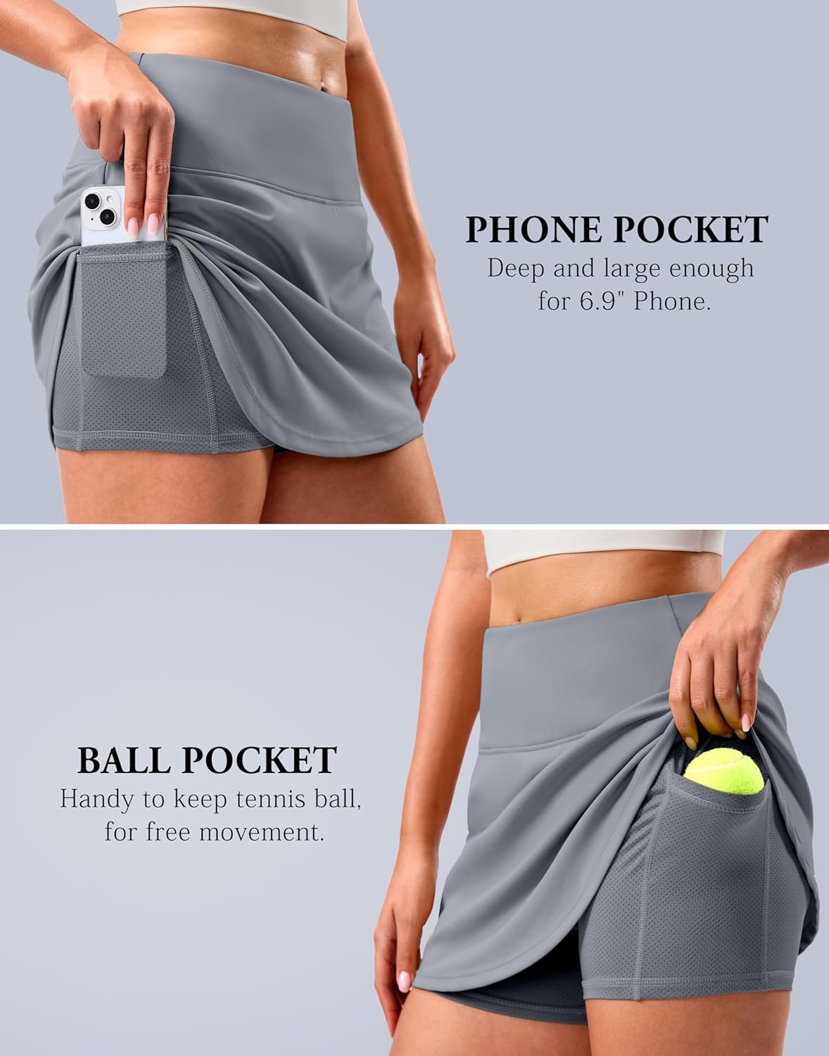 image:imageSANTINY 14 Skorts for Women Tennis Golf Skirt A Line Curved Hem High Waisted Athletic Mini Skirt with 2 Inner PocketsLight Grey