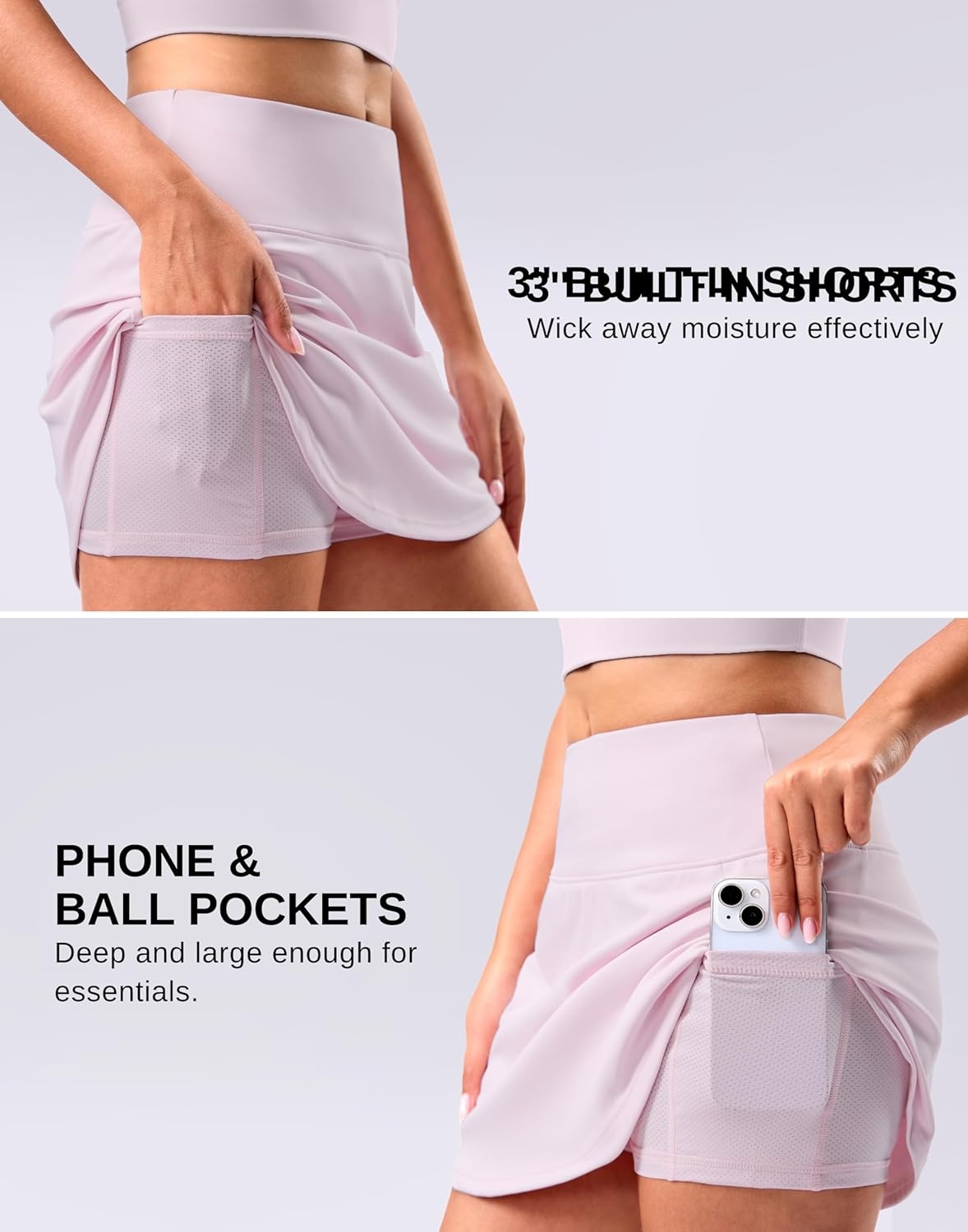 image:imageSANTINY 14 Skorts for Women Tennis Golf Skirt A Line Curved Hem High Waisted Athletic Mini Skirt with 2 Inner PocketsLight Pink