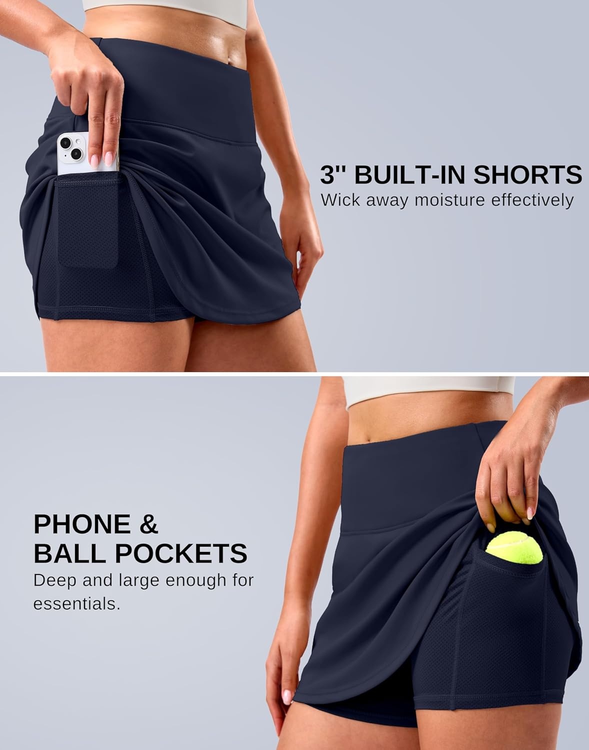 image:imageSANTINY 14 Skorts for Women Tennis Golf Skirt A Line Curved Hem High Waisted Athletic Mini Skirt with 2 Inner PocketsNavy