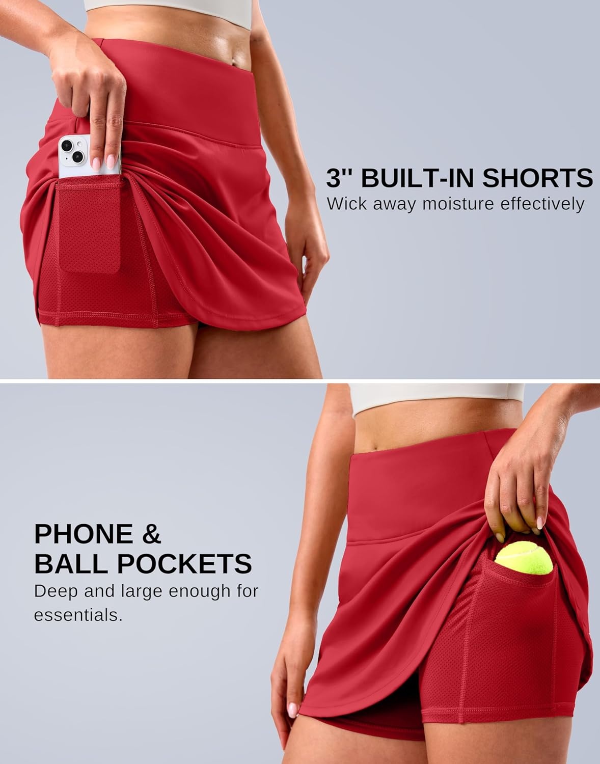 image:imageSANTINY 14 Skorts for Women Tennis Golf Skirt A Line Curved Hem High Waisted Athletic Mini Skirt with 2 Inner PocketsRed