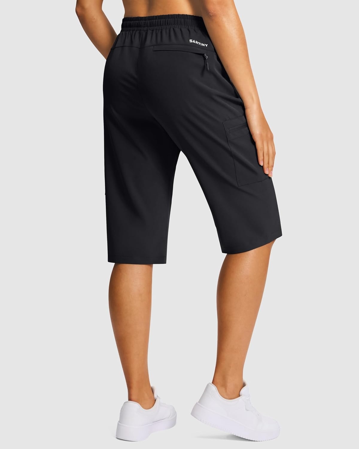 image:imageSANTINY 15 Long Shorts for Women Hiking Cargo Bermuda Shorts with 5 Zipper Pockets Lightweight Quick Dry Knee Length CaprisBlack