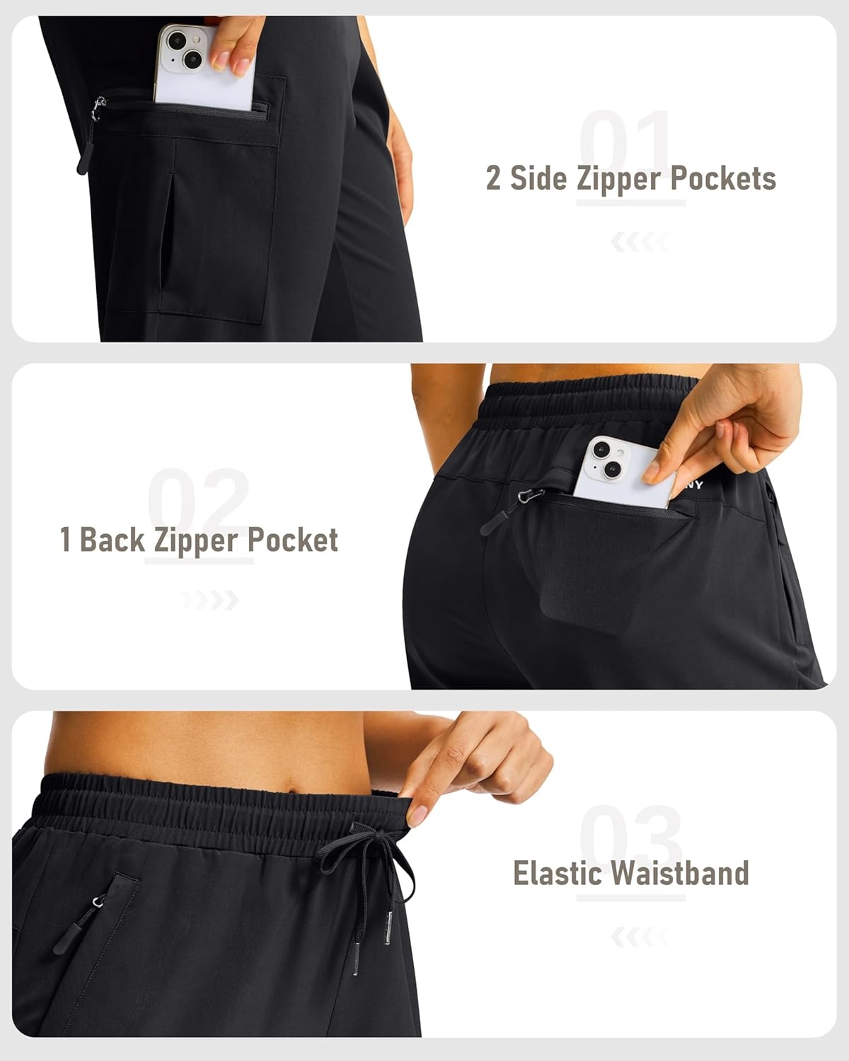 image:imageSANTINY 15 Long Shorts for Women Hiking Cargo Bermuda Shorts with 5 Zipper Pockets Lightweight Quick Dry Knee Length CaprisBlack
