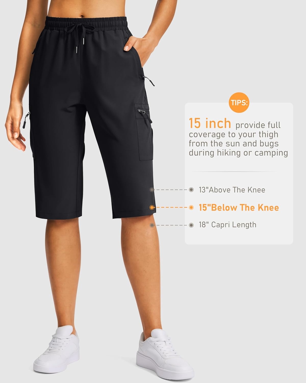 image:imageSANTINY 15 Long Shorts for Women Hiking Cargo Bermuda Shorts with 5 Zipper Pockets Lightweight Quick Dry Knee Length CaprisBlack