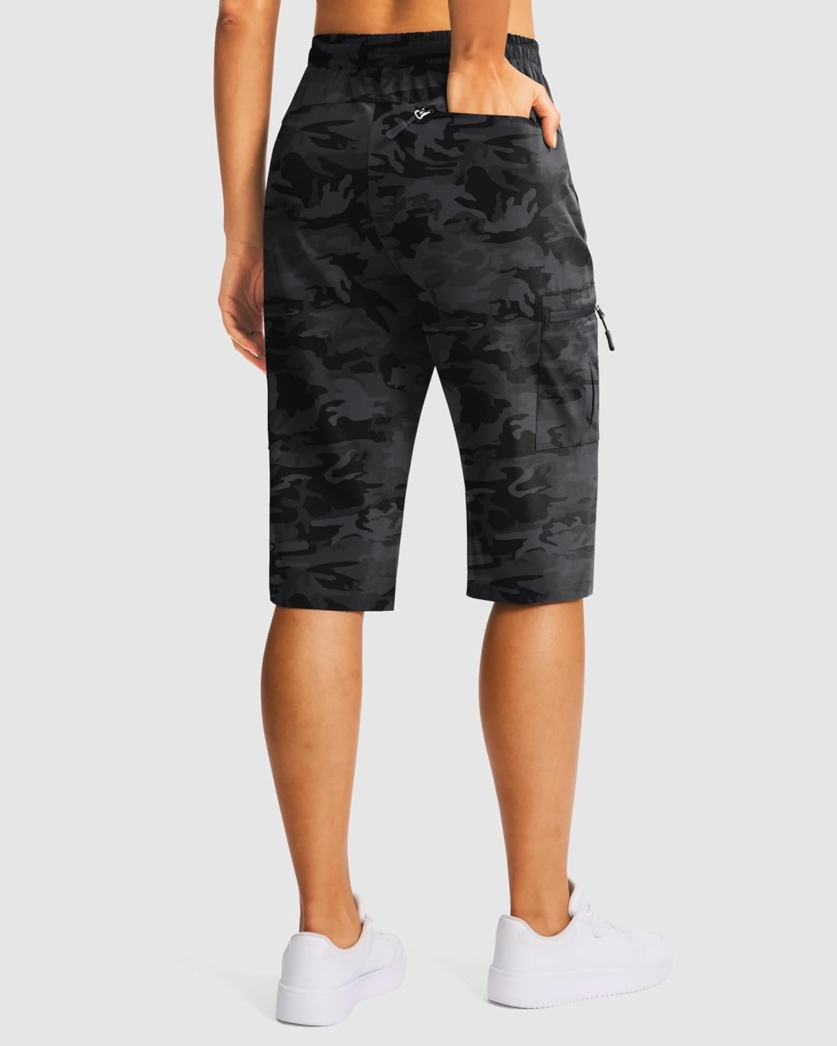 image:imageSANTINY 15 Long Shorts for Women Hiking Cargo Bermuda Shorts with 5 Zipper Pockets Lightweight Quick Dry Knee Length CaprisBlack Camo