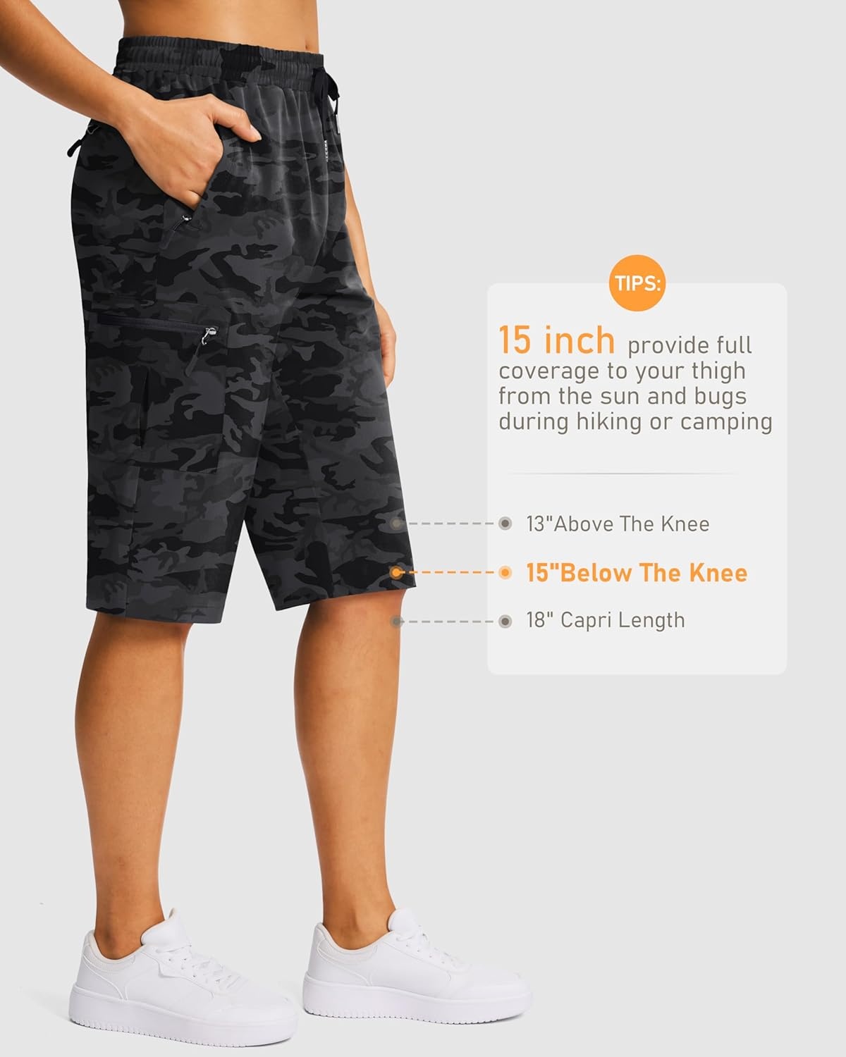 image:imageSANTINY 15 Long Shorts for Women Hiking Cargo Bermuda Shorts with 5 Zipper Pockets Lightweight Quick Dry Knee Length CaprisBlack Camo