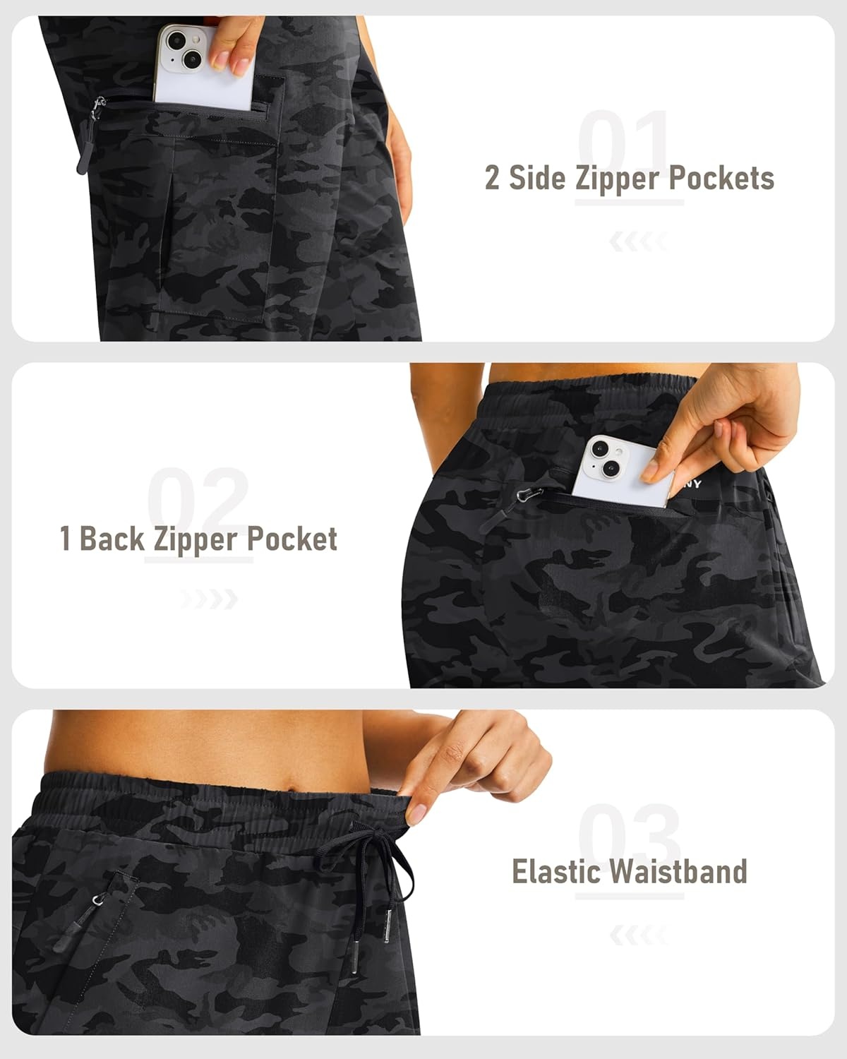 image:imageSANTINY 15 Long Shorts for Women Hiking Cargo Bermuda Shorts with 5 Zipper Pockets Lightweight Quick Dry Knee Length CaprisBlack Camo