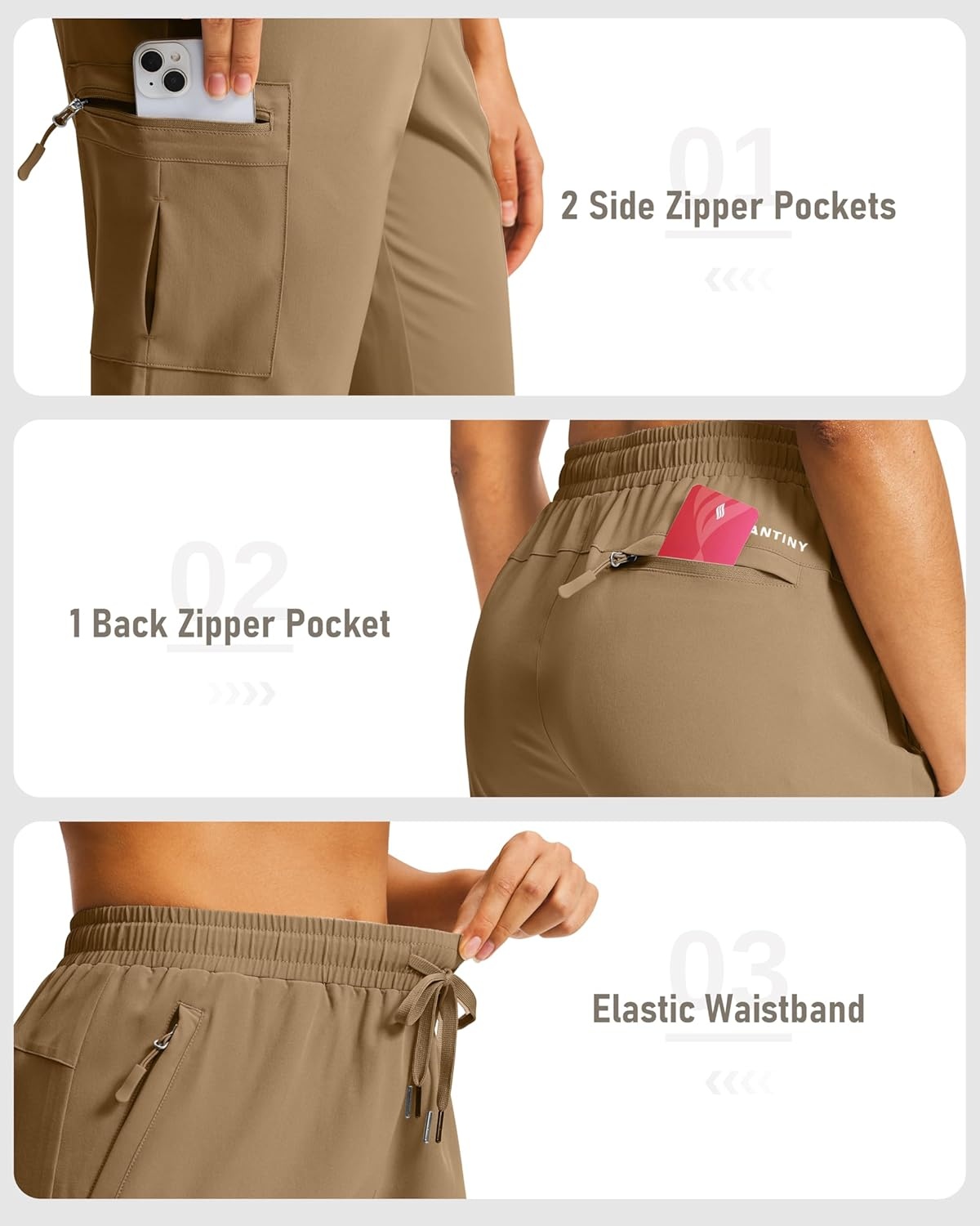 image:imageSANTINY 15 Long Shorts for Women Hiking Cargo Bermuda Shorts with 5 Zipper Pockets Lightweight Quick Dry Knee Length CaprisDark Khaki