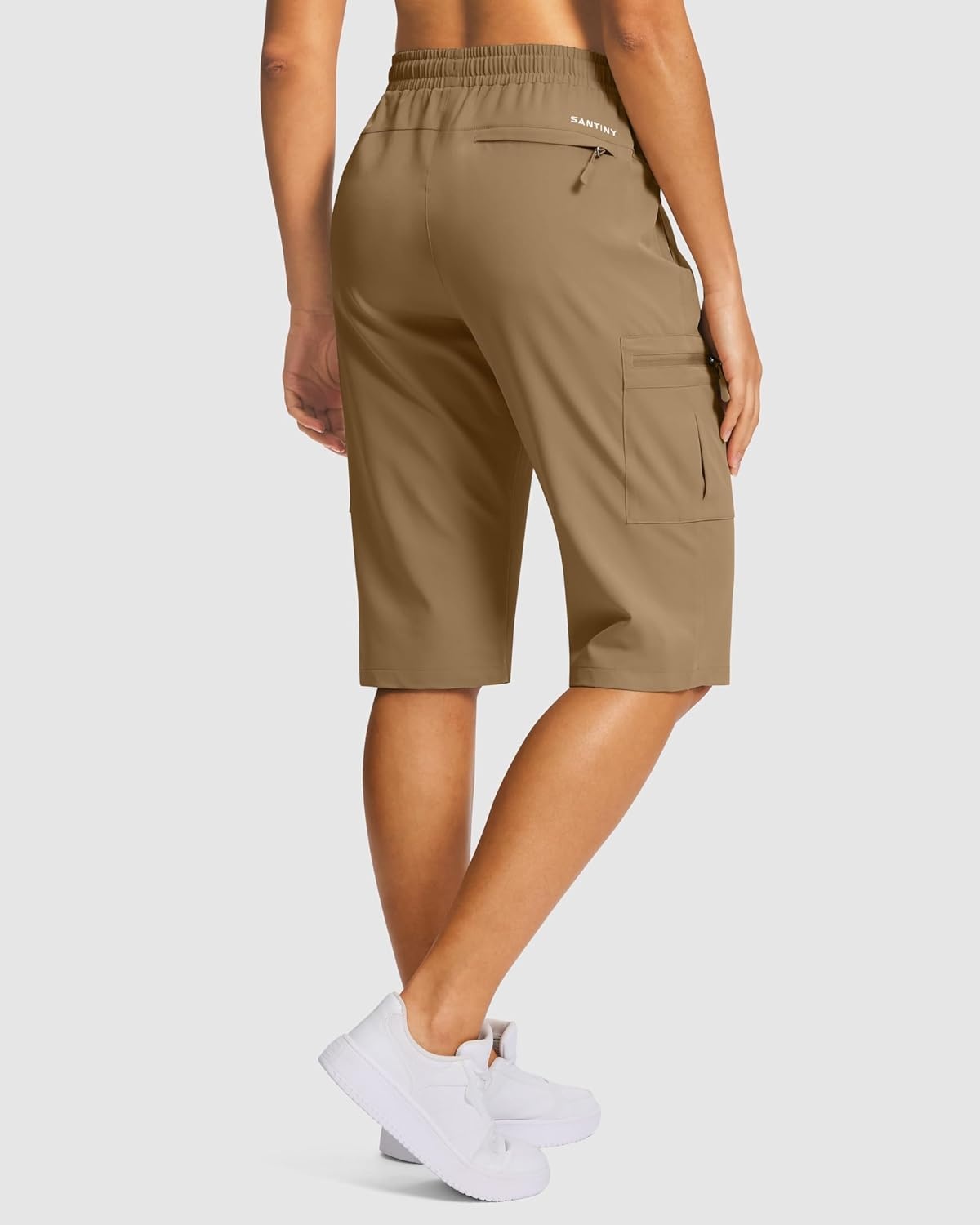 image:imageSANTINY 15 Long Shorts for Women Hiking Cargo Bermuda Shorts with 5 Zipper Pockets Lightweight Quick Dry Knee Length CaprisDark Khaki