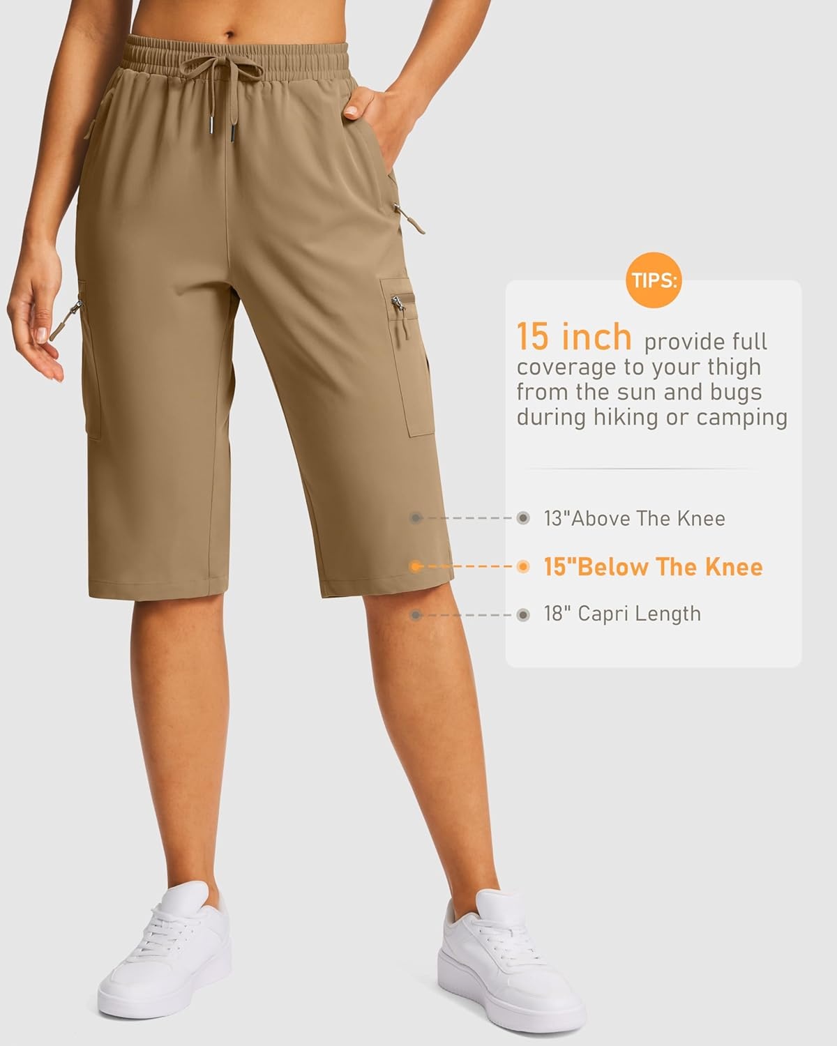 image:imageSANTINY 15 Long Shorts for Women Hiking Cargo Bermuda Shorts with 5 Zipper Pockets Lightweight Quick Dry Knee Length CaprisDark Khaki