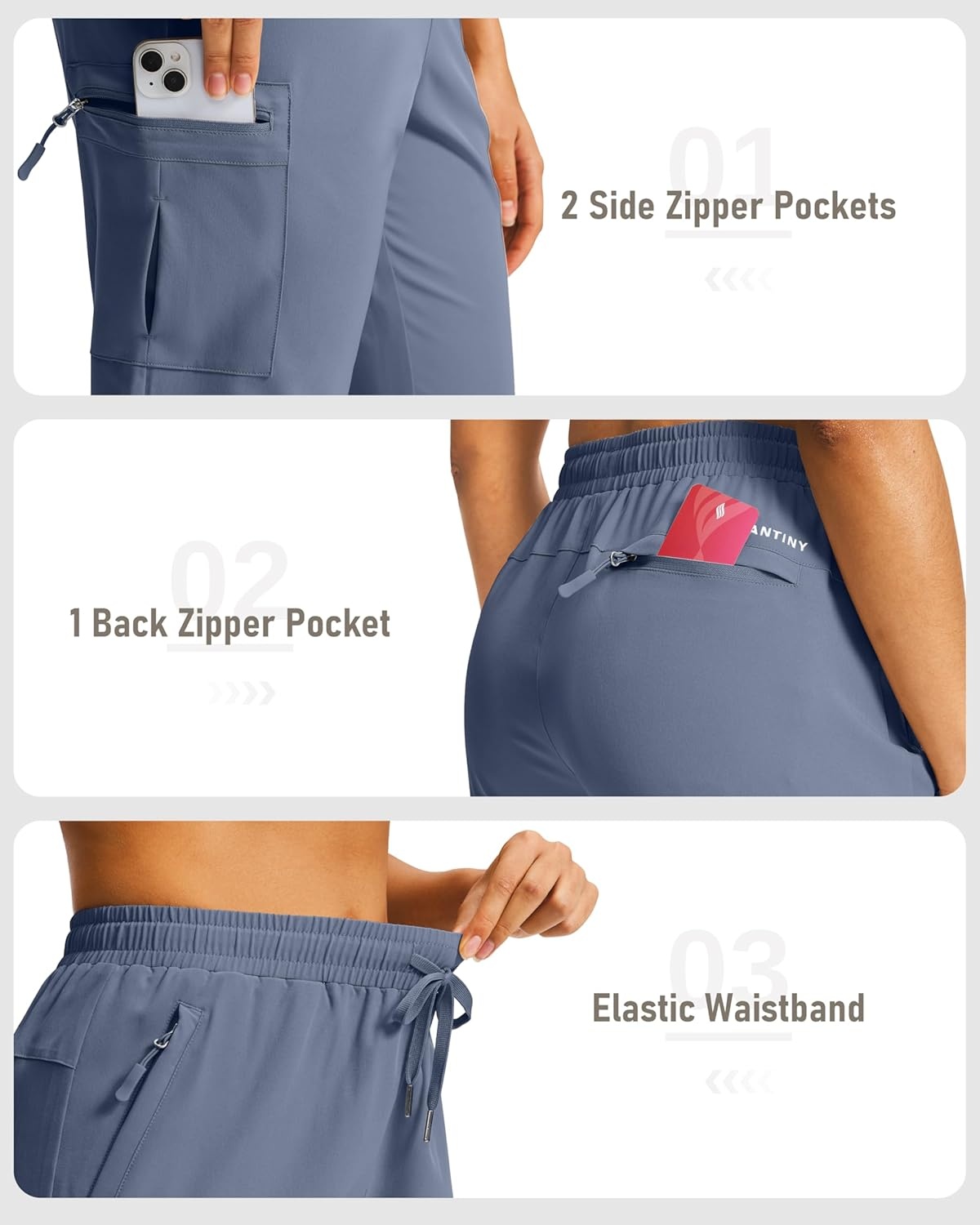 image:imageSANTINY 15 Long Shorts for Women Hiking Cargo Bermuda Shorts with 5 Zipper Pockets Lightweight Quick Dry Knee Length CaprisDusty Blue