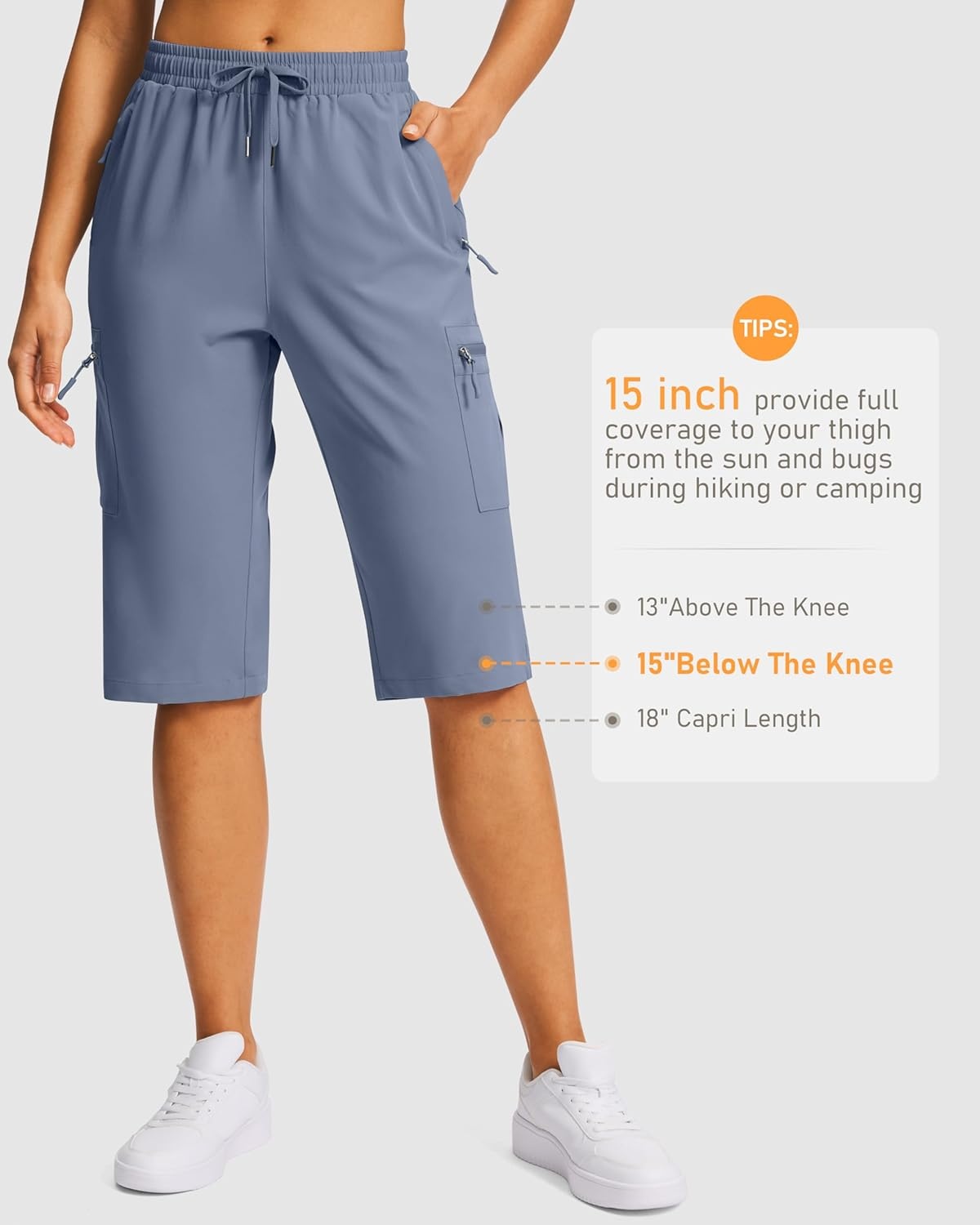 image:imageSANTINY 15 Long Shorts for Women Hiking Cargo Bermuda Shorts with 5 Zipper Pockets Lightweight Quick Dry Knee Length CaprisDusty Blue