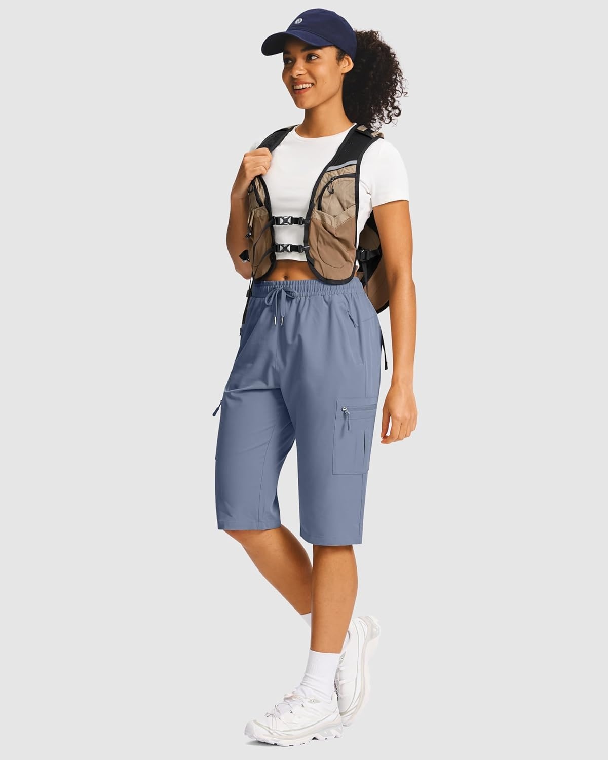 image:imageSANTINY 15 Long Shorts for Women Hiking Cargo Bermuda Shorts with 5 Zipper Pockets Lightweight Quick Dry Knee Length CaprisDusty Blue