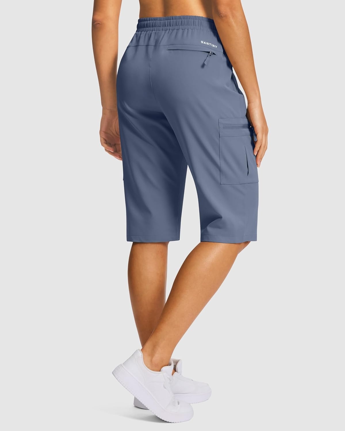 image:imageSANTINY 15 Long Shorts for Women Hiking Cargo Bermuda Shorts with 5 Zipper Pockets Lightweight Quick Dry Knee Length CaprisDusty Blue