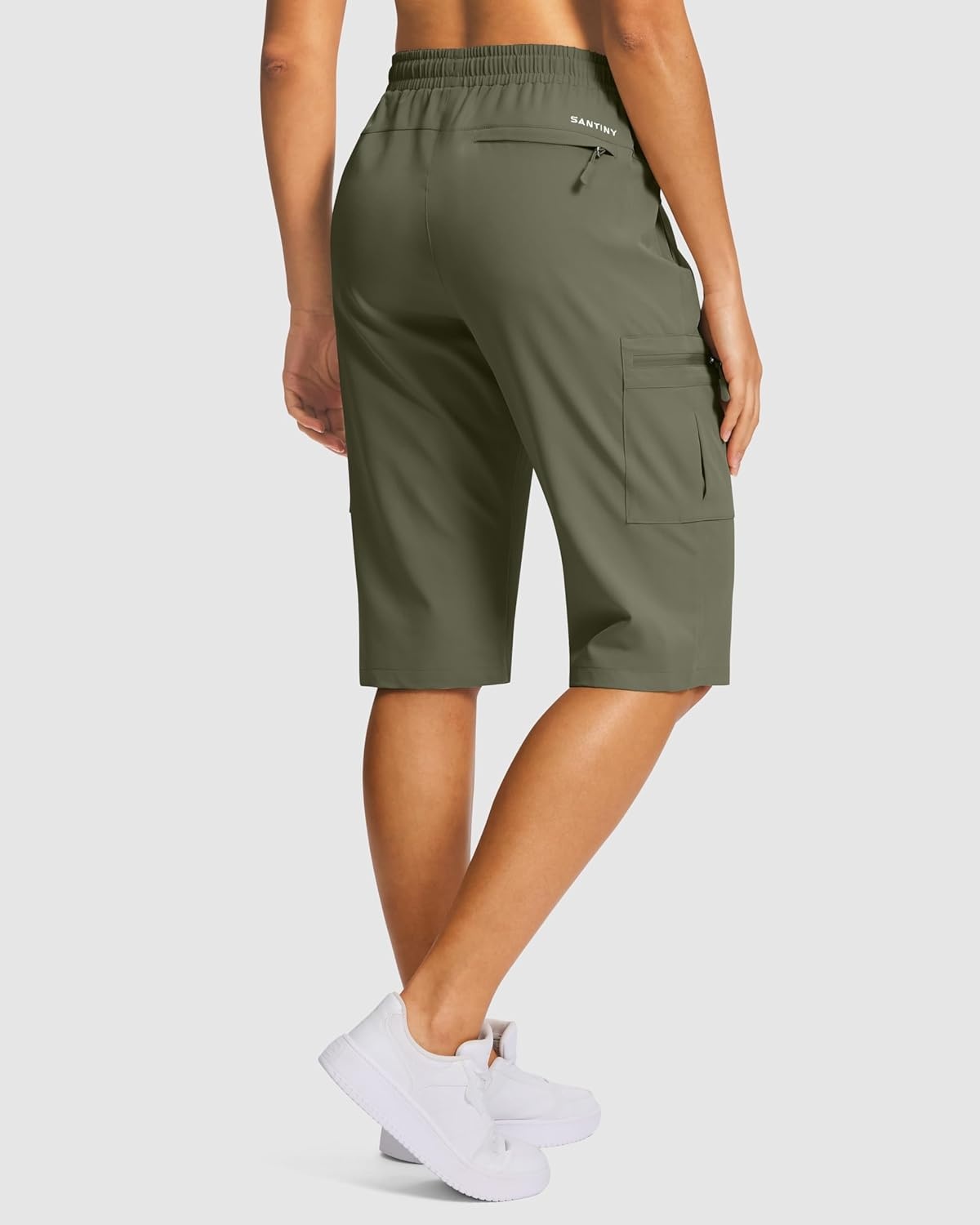 image:imageSANTINY 15 Long Shorts for Women Hiking Cargo Bermuda Shorts with 5 Zipper Pockets Lightweight Quick Dry Knee Length CaprisGrey Sage