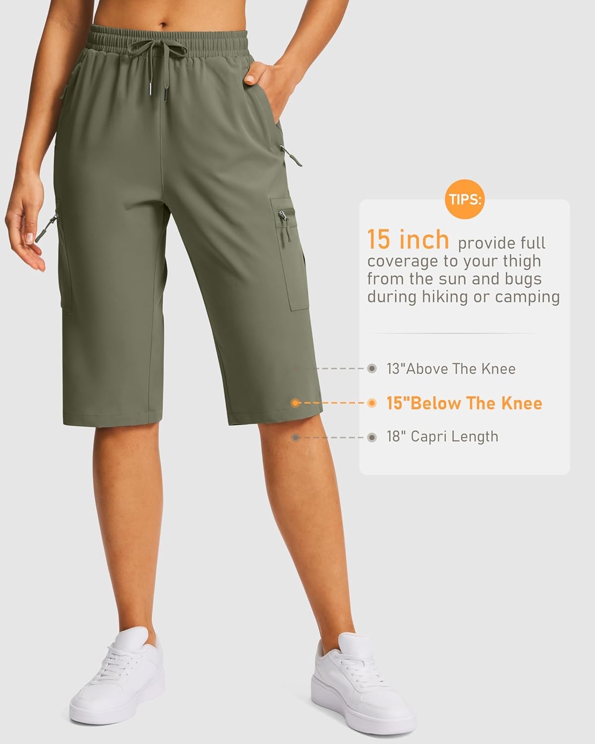 image:imageSANTINY 15 Long Shorts for Women Hiking Cargo Bermuda Shorts with 5 Zipper Pockets Lightweight Quick Dry Knee Length CaprisGrey Sage