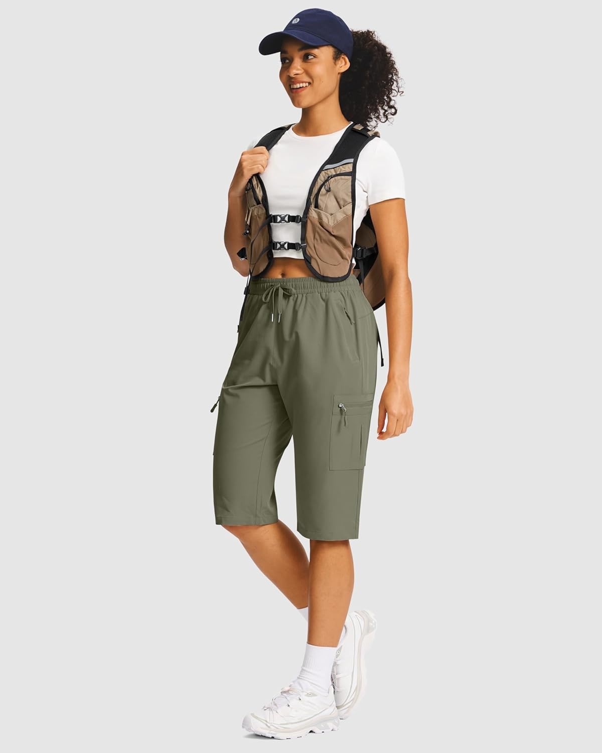 image:imageSANTINY 15 Long Shorts for Women Hiking Cargo Bermuda Shorts with 5 Zipper Pockets Lightweight Quick Dry Knee Length CaprisGrey Sage
