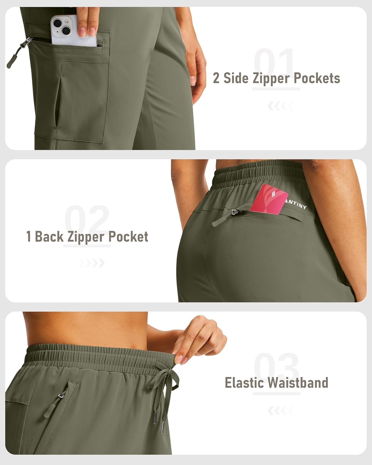 image:imageSANTINY 15 Long Shorts for Women Hiking Cargo Bermuda Shorts with 5 Zipper Pockets Lightweight Quick Dry Knee Length CaprisGrey Sage