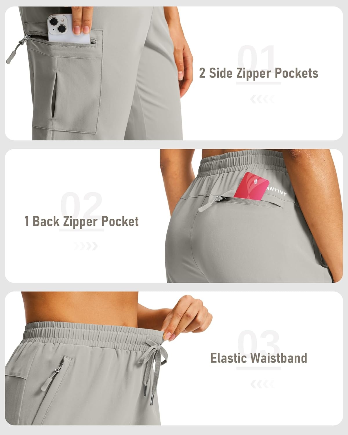 image:imageSANTINY 15 Long Shorts for Women Hiking Cargo Bermuda Shorts with 5 Zipper Pockets Lightweight Quick Dry Knee Length CaprisLight Grey