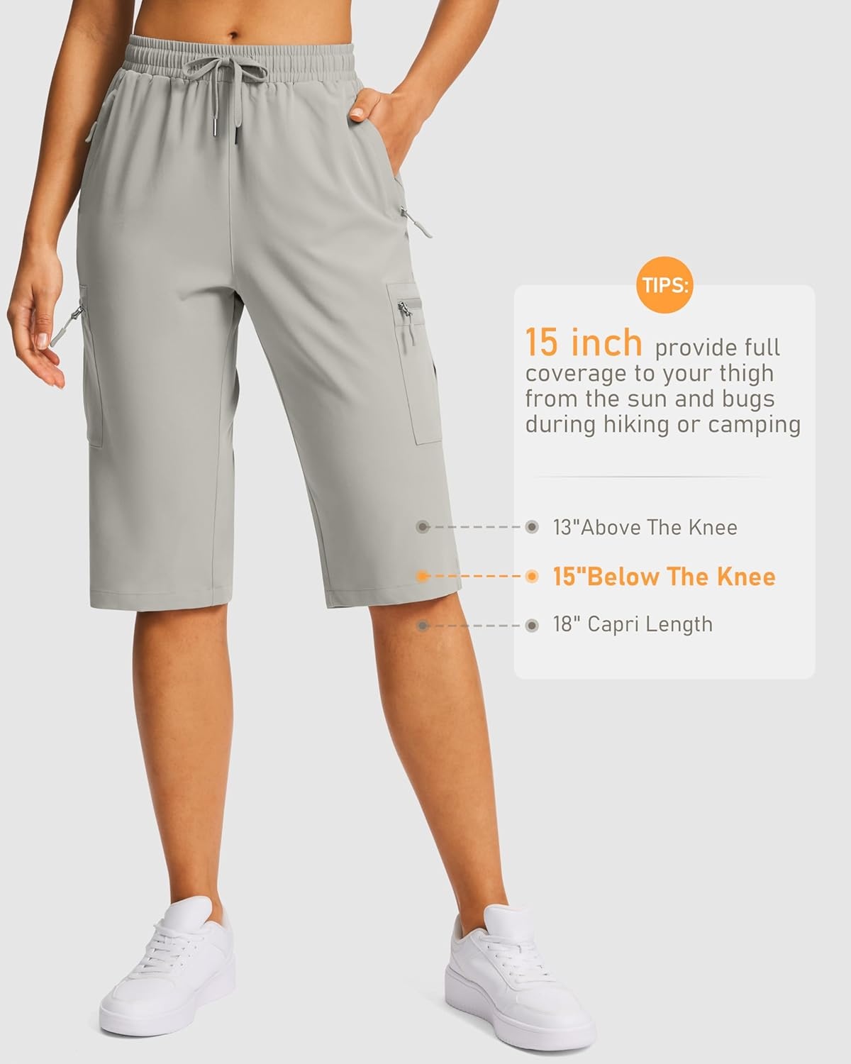image:imageSANTINY 15 Long Shorts for Women Hiking Cargo Bermuda Shorts with 5 Zipper Pockets Lightweight Quick Dry Knee Length CaprisLight Grey