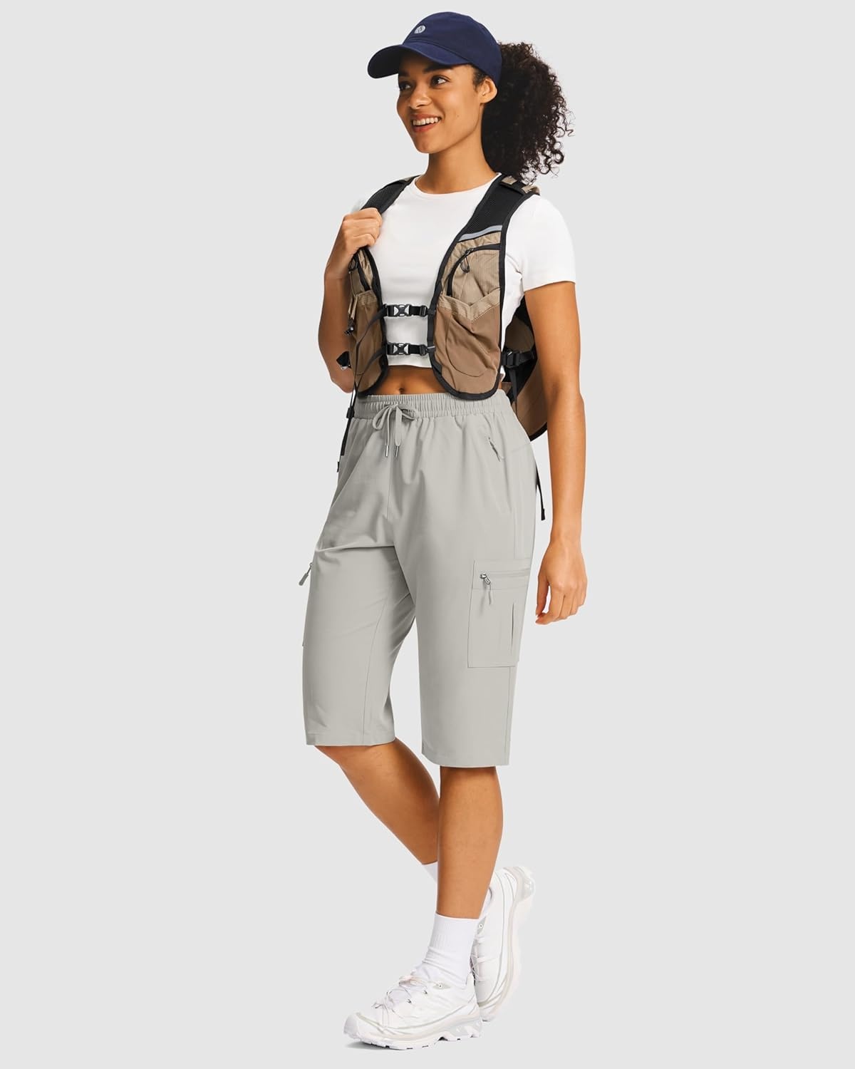 image:imageSANTINY 15 Long Shorts for Women Hiking Cargo Bermuda Shorts with 5 Zipper Pockets Lightweight Quick Dry Knee Length CaprisLight Grey