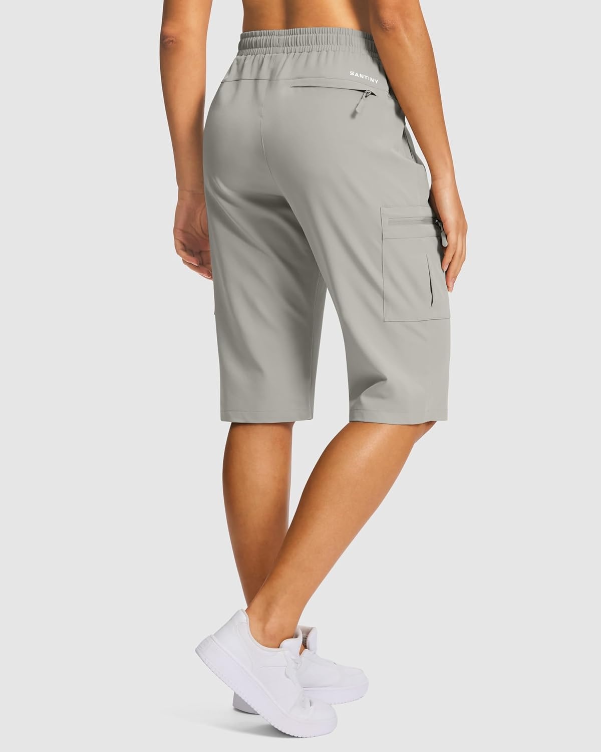 image:imageSANTINY 15 Long Shorts for Women Hiking Cargo Bermuda Shorts with 5 Zipper Pockets Lightweight Quick Dry Knee Length CaprisLight Grey