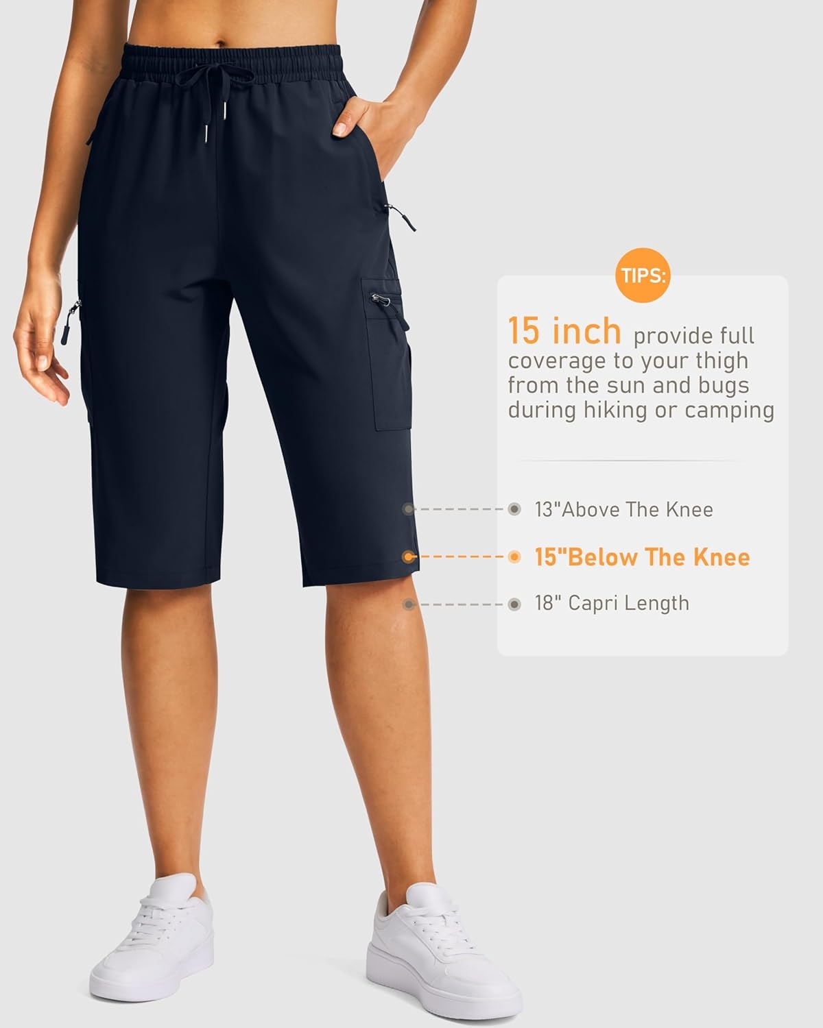 image:imageSANTINY 15 Long Shorts for Women Hiking Cargo Bermuda Shorts with 5 Zipper Pockets Lightweight Quick Dry Knee Length CaprisNavy