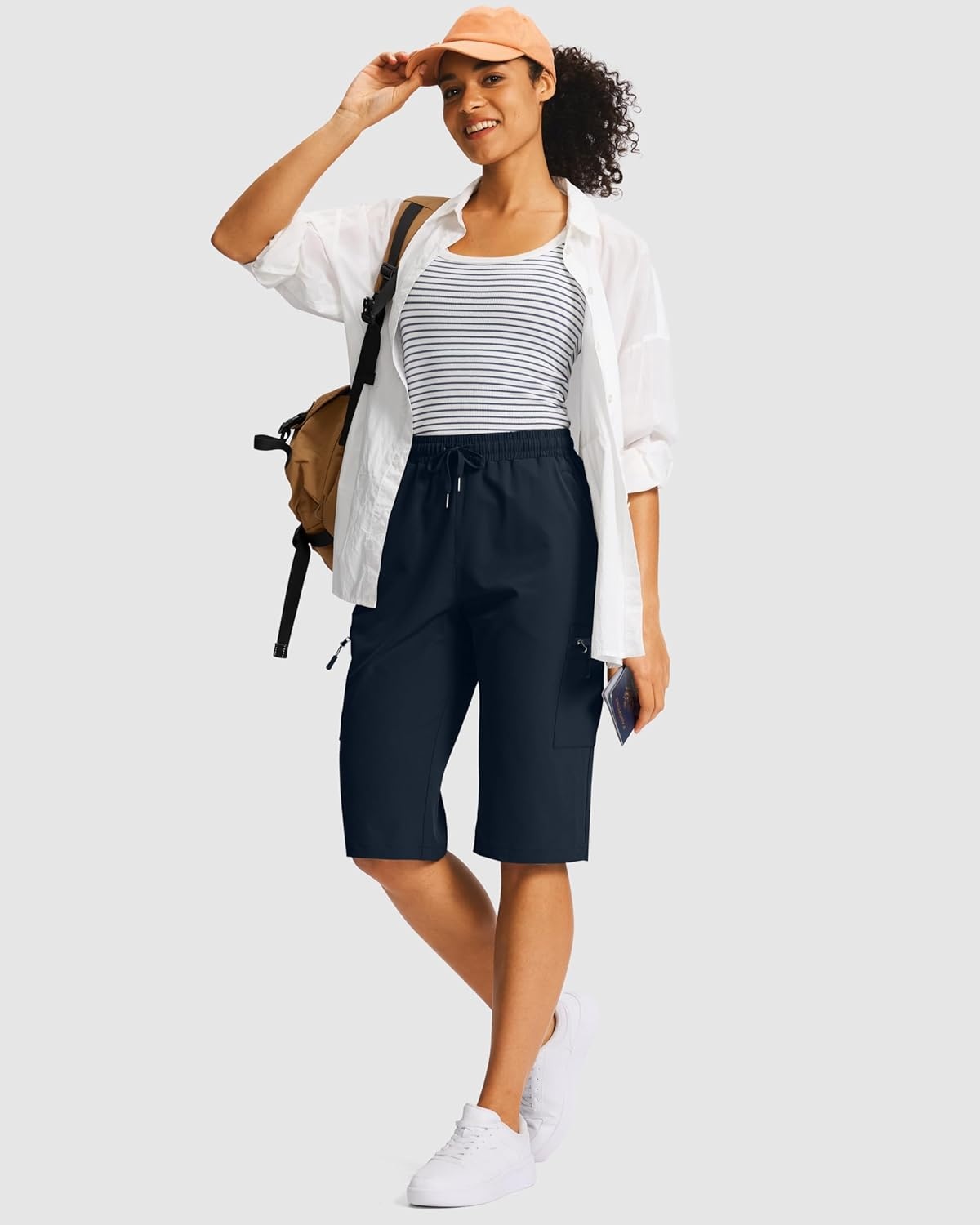 image:imageSANTINY 15 Long Shorts for Women Hiking Cargo Bermuda Shorts with 5 Zipper Pockets Lightweight Quick Dry Knee Length CaprisNavy