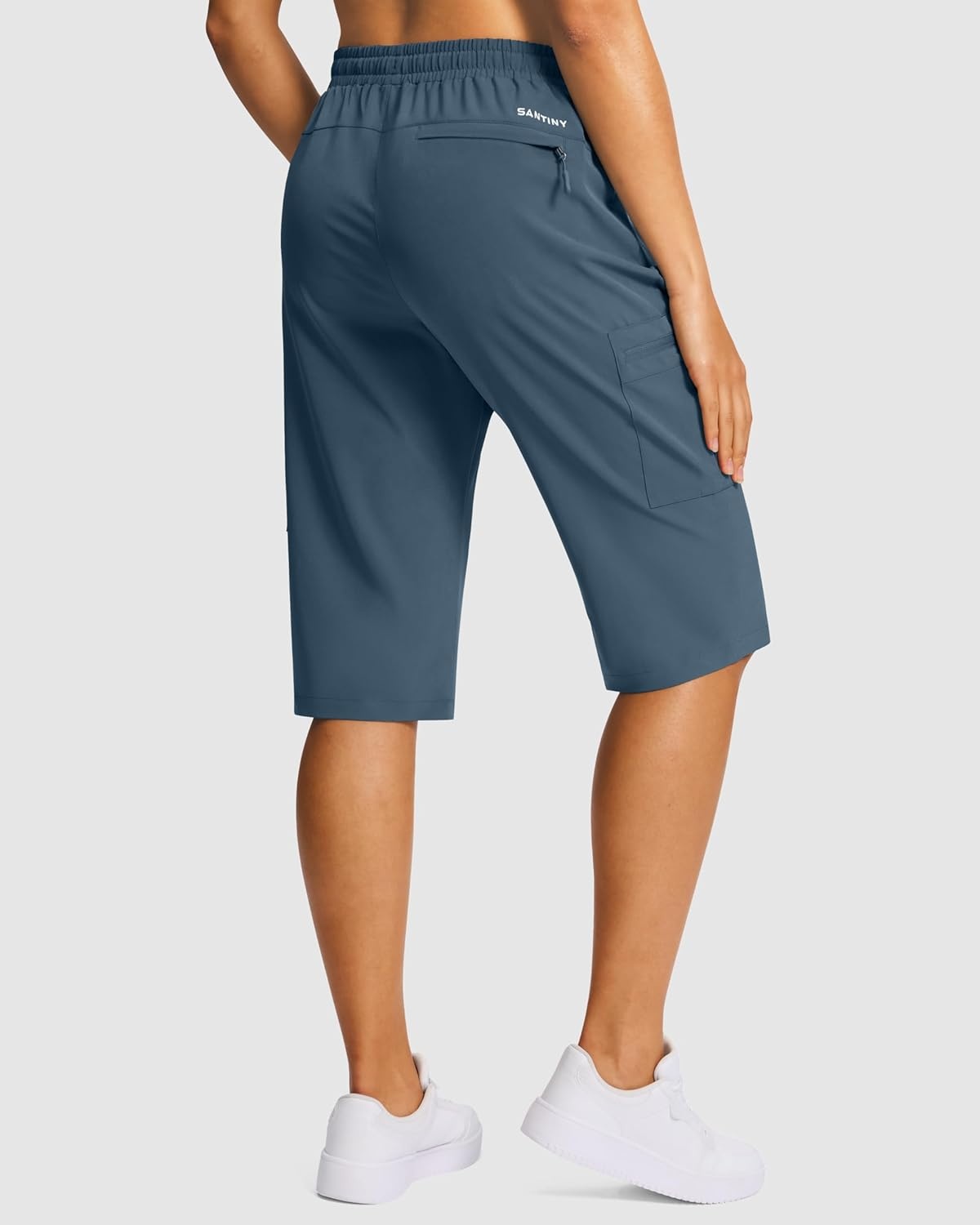 image:imageSANTINY 15 Long Shorts for Women Hiking Cargo Bermuda Shorts with 5 Zipper Pockets Lightweight Quick Dry Knee Length CaprisTibetan Blue