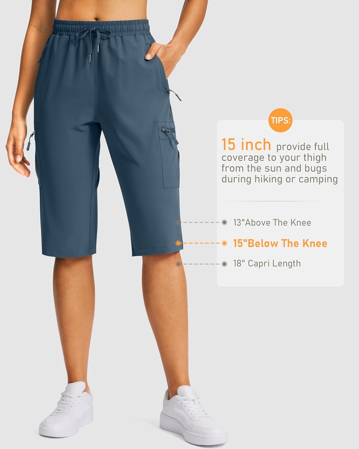 image:imageSANTINY 15 Long Shorts for Women Hiking Cargo Bermuda Shorts with 5 Zipper Pockets Lightweight Quick Dry Knee Length CaprisTibetan Blue