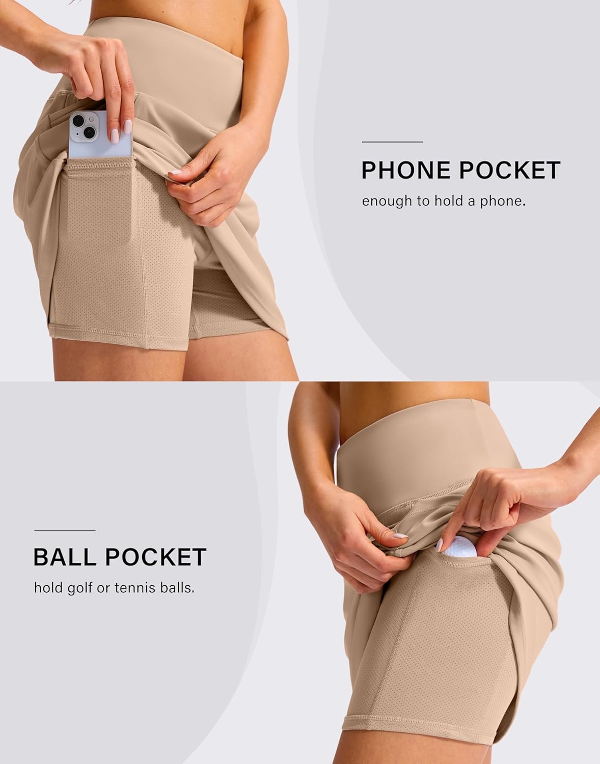 image:imageSANTINY 16 Skorts for Woman with 4 Side Pockets High Waisted Stretch Pickleball Athletic Skirts Casual Tennis Golf SkirtsLight Khaki