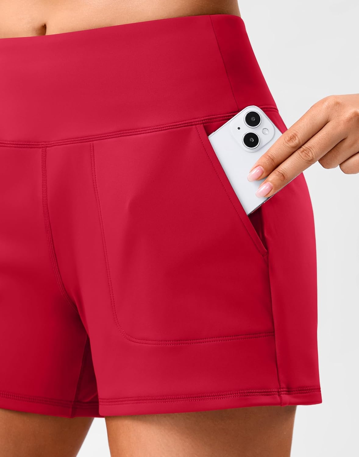 image:imageSANTINY 35 Linerless Shorts for Women High Waisted Athletic Running Shorts with Pockets for Wokrout Tennis LoungeRed