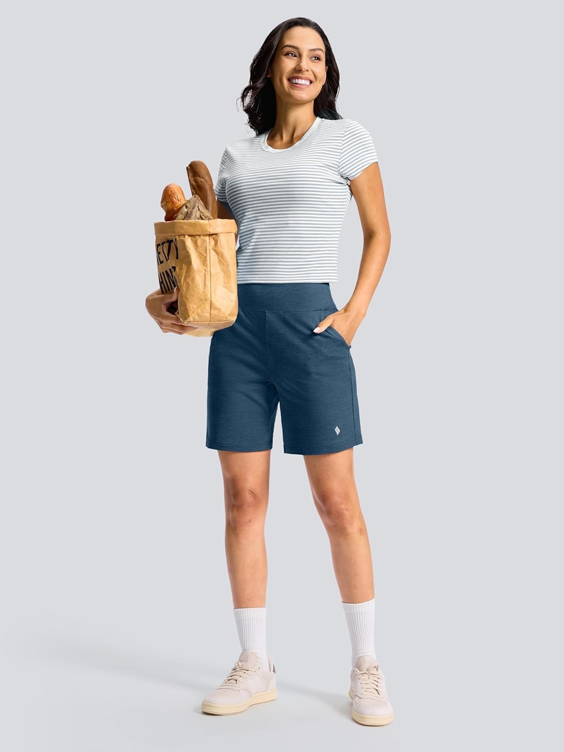 image:imageSANTINY Womens 79 Bermuda Long Shorts Lightweight High Waisted Walking Casual Running Workout Athletic Short with PocketsBlue