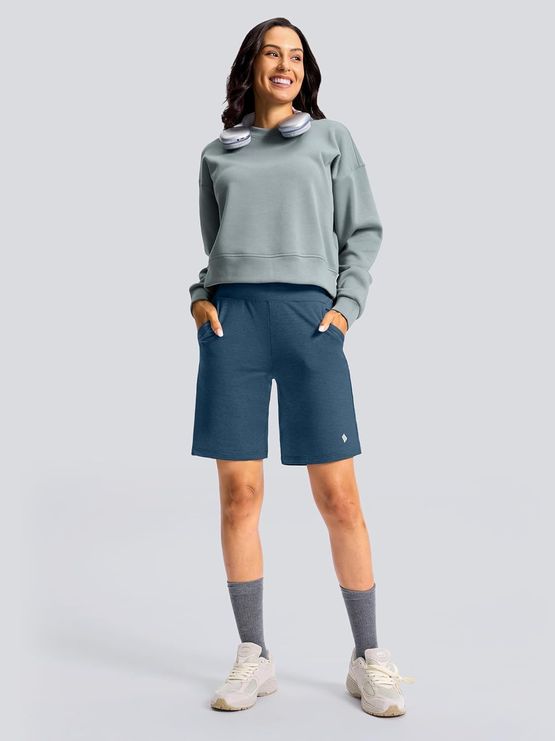 image:imageSANTINY Womens 79 Bermuda Long Shorts Lightweight High Waisted Walking Casual Running Workout Athletic Short with PocketsBlue