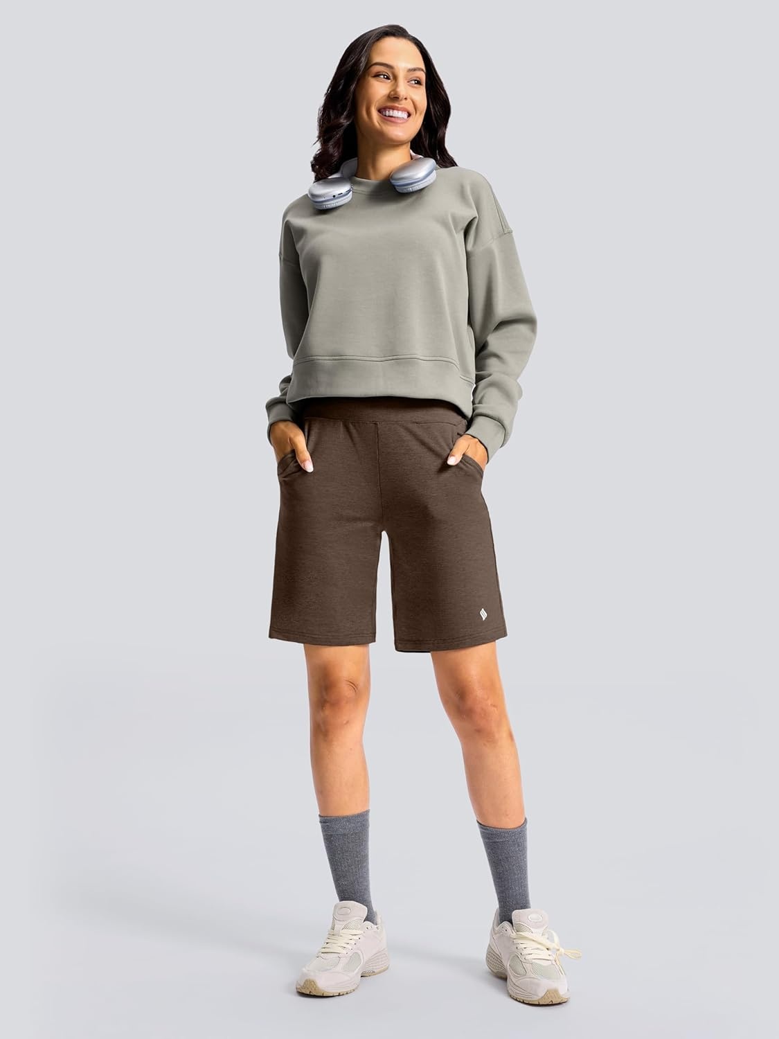image:imageSANTINY Womens 79 Bermuda Long Shorts Lightweight High Waisted Walking Casual Running Workout Athletic Short with PocketsBrown