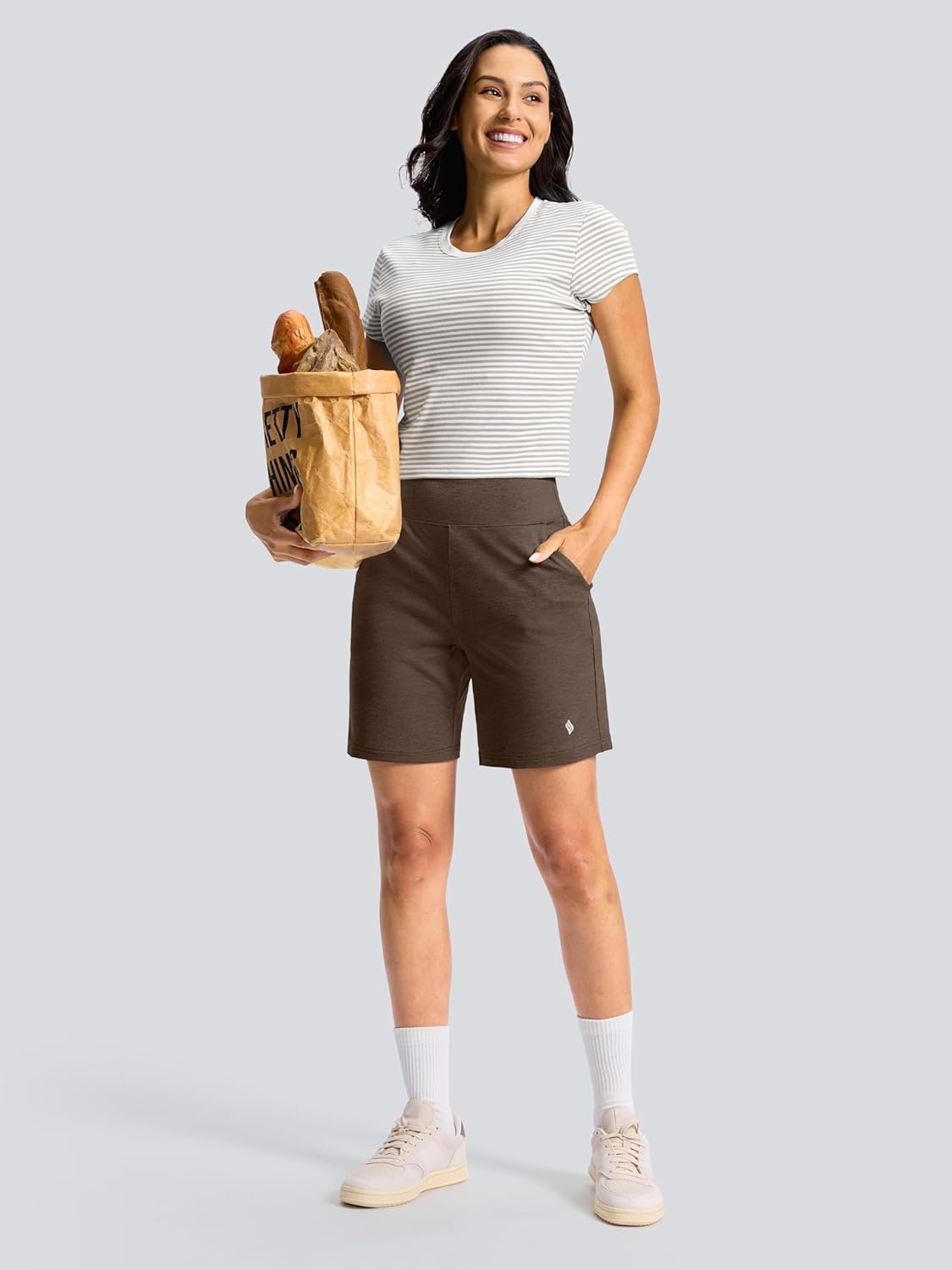 image:imageSANTINY Womens 79 Bermuda Long Shorts Lightweight High Waisted Walking Casual Running Workout Athletic Short with PocketsBrown
