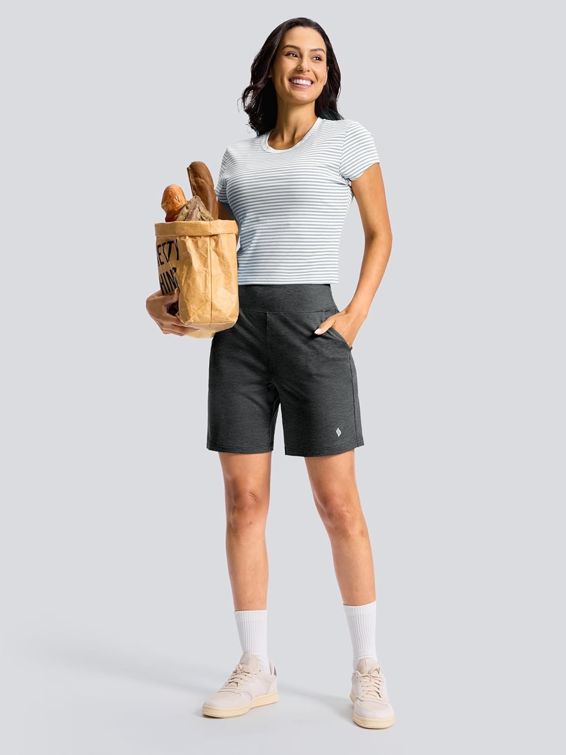 image:imageSANTINY Womens 79 Bermuda Long Shorts Lightweight High Waisted Walking Casual Running Workout Athletic Short with PocketsCharcoal