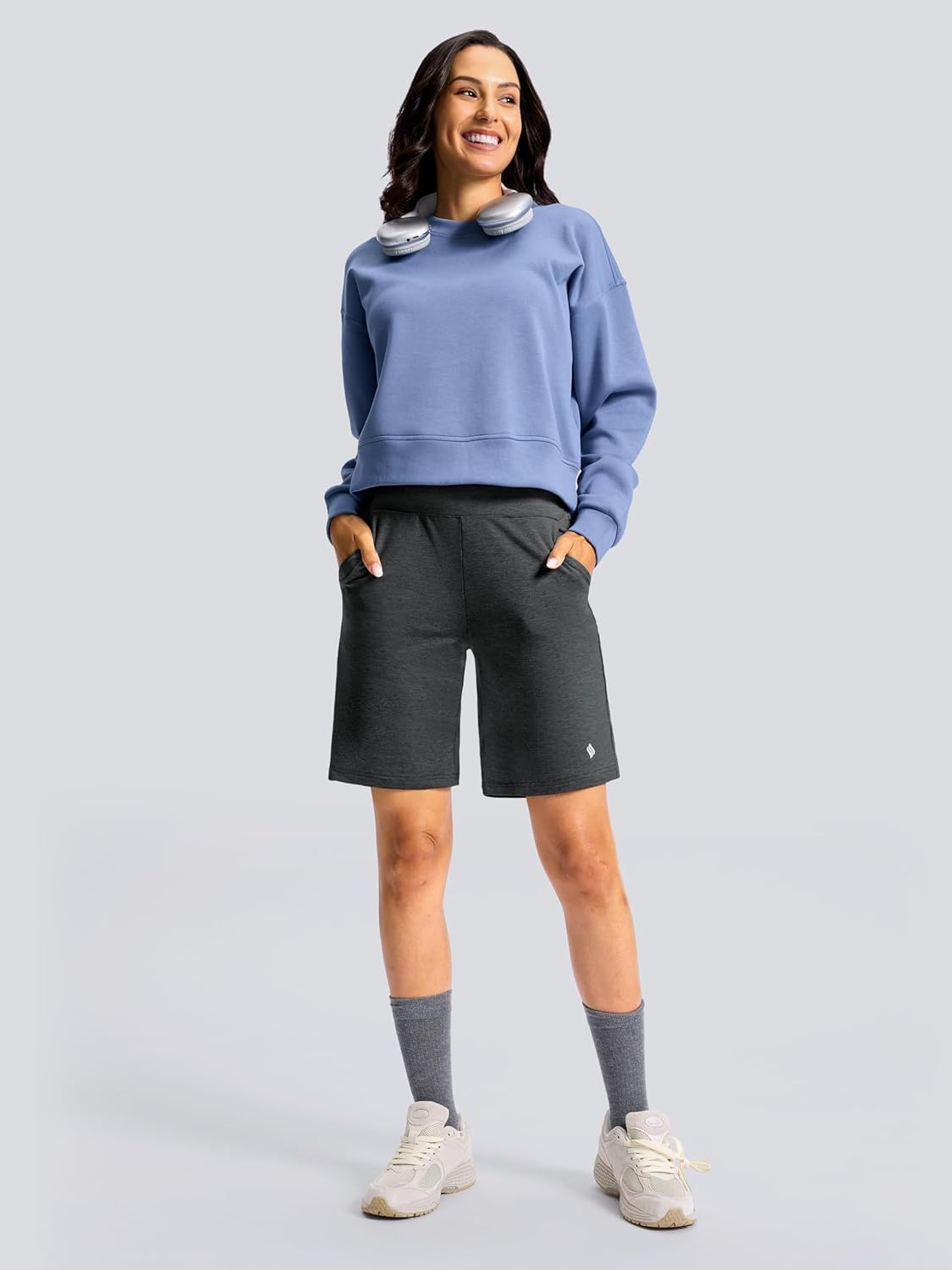 image:imageSANTINY Womens 79 Bermuda Long Shorts Lightweight High Waisted Walking Casual Running Workout Athletic Short with PocketsCharcoal