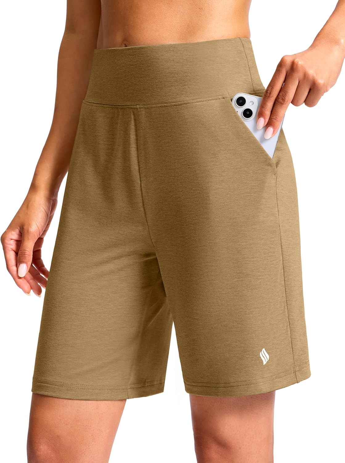 image:imageSANTINY Womens 79 Bermuda Long Shorts Lightweight High Waisted Walking Casual Running Workout Athletic Short with PocketsDark Khaki