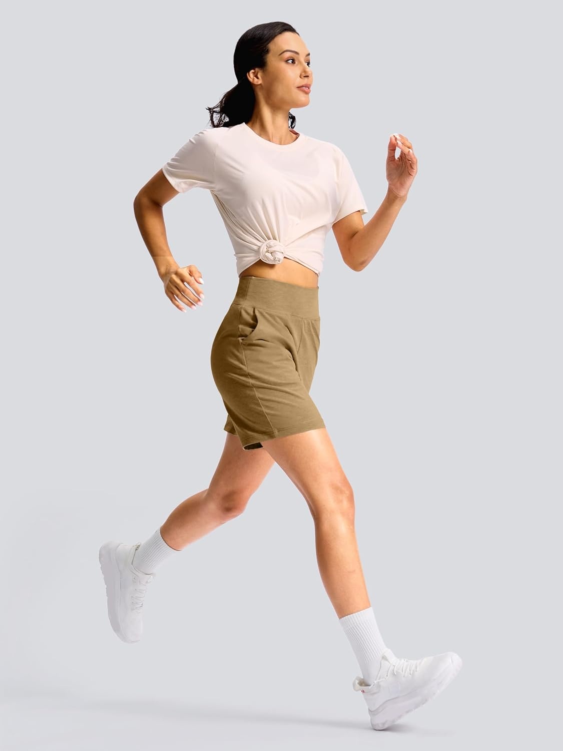 image:imageSANTINY Womens 79 Bermuda Long Shorts Lightweight High Waisted Walking Casual Running Workout Athletic Short with PocketsDark Khaki