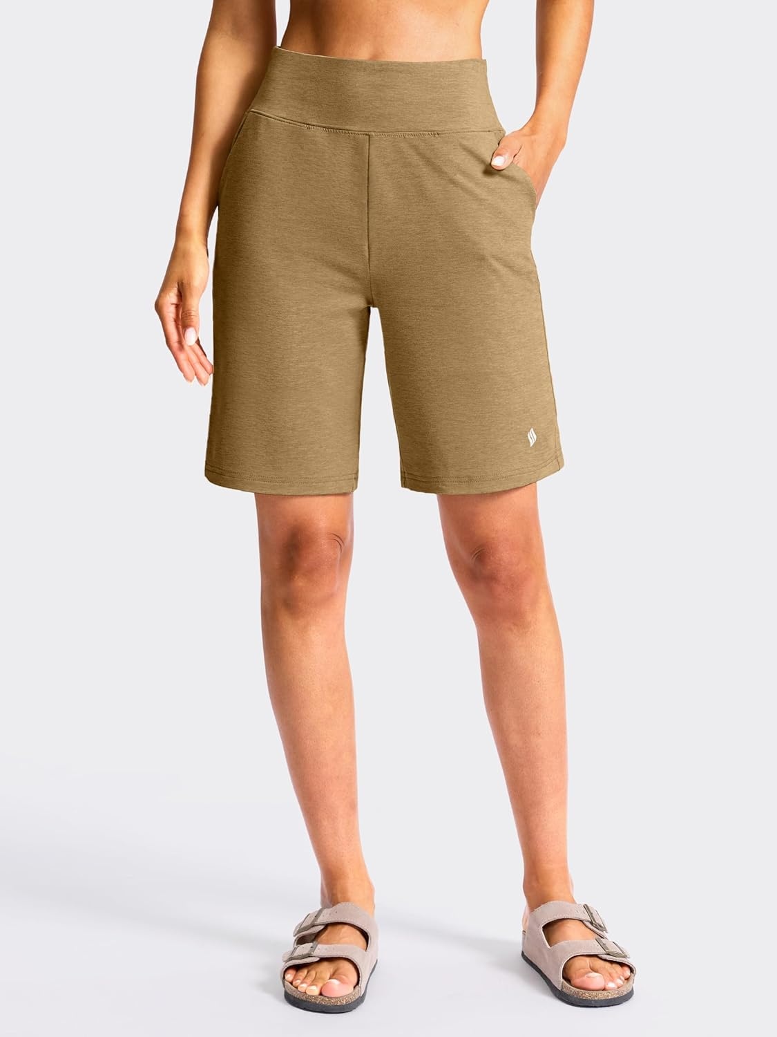 image:imageSANTINY Womens 79 Bermuda Long Shorts Lightweight High Waisted Walking Casual Running Workout Athletic Short with PocketsDark Khaki